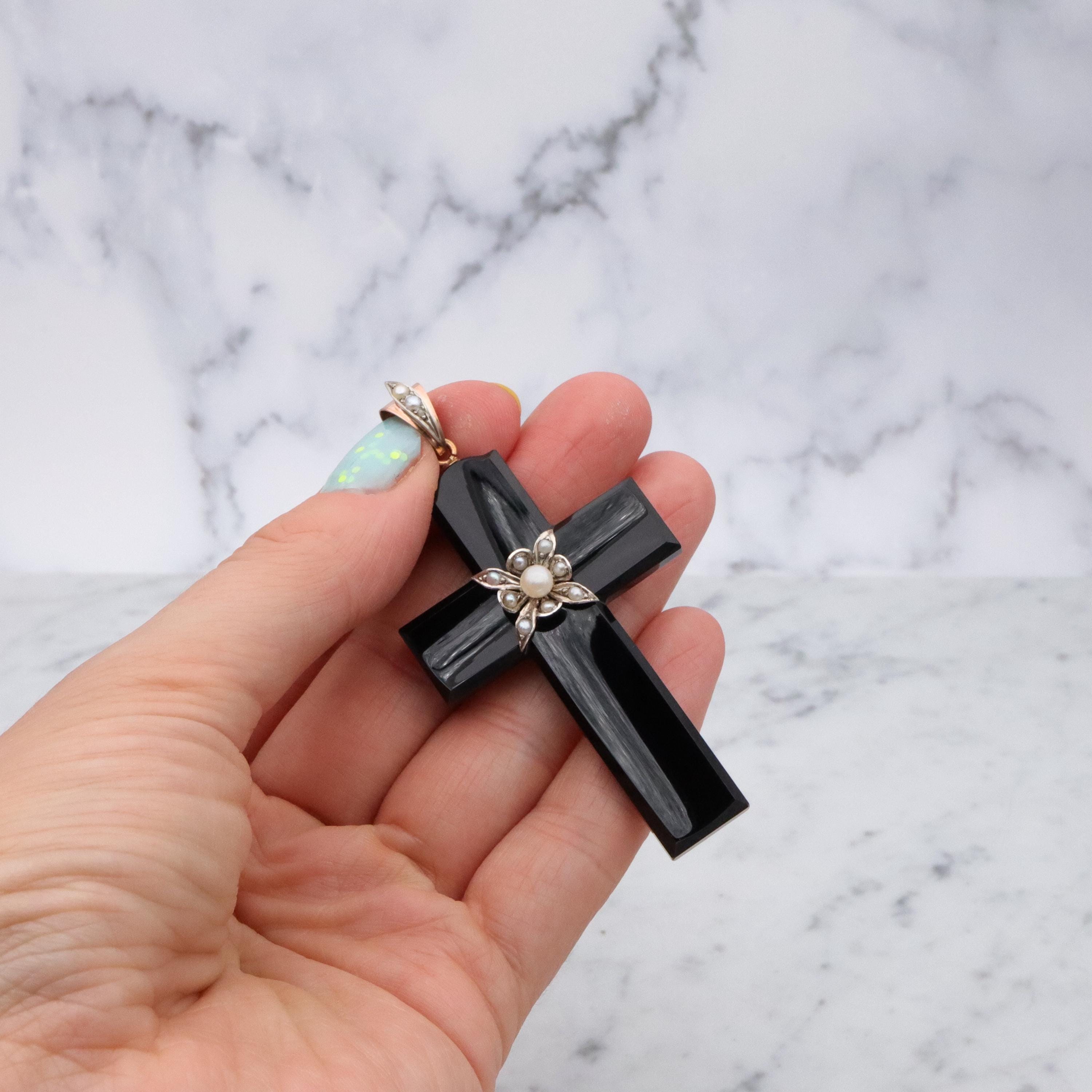 Antique Victorian 14k gold & silver carved black agate cross mourning pendant
