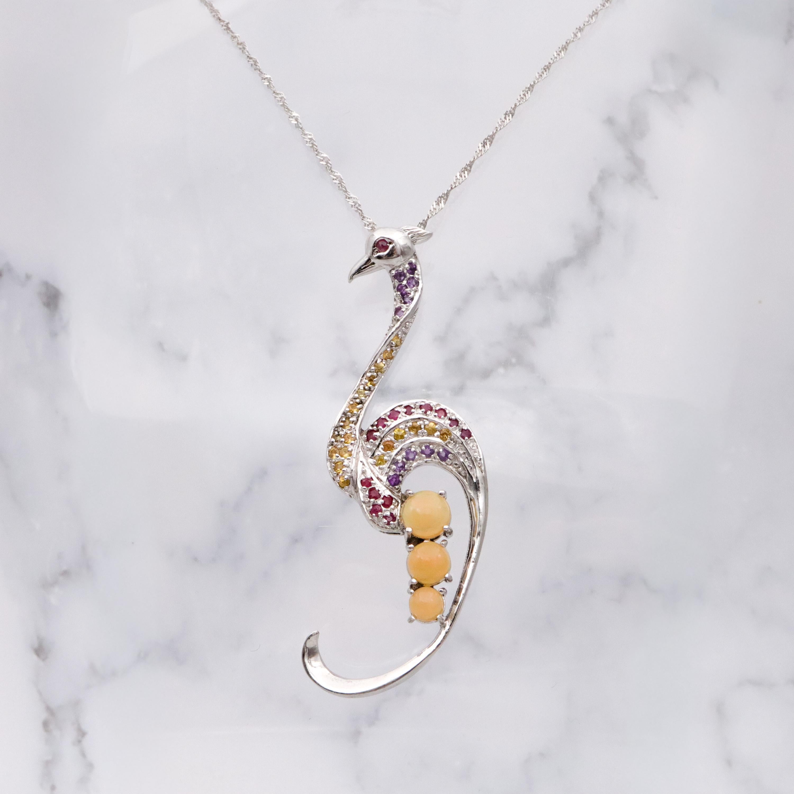 Vintage sterling peacock ruby, citrine, amethyst, opal pendant on singapore chain