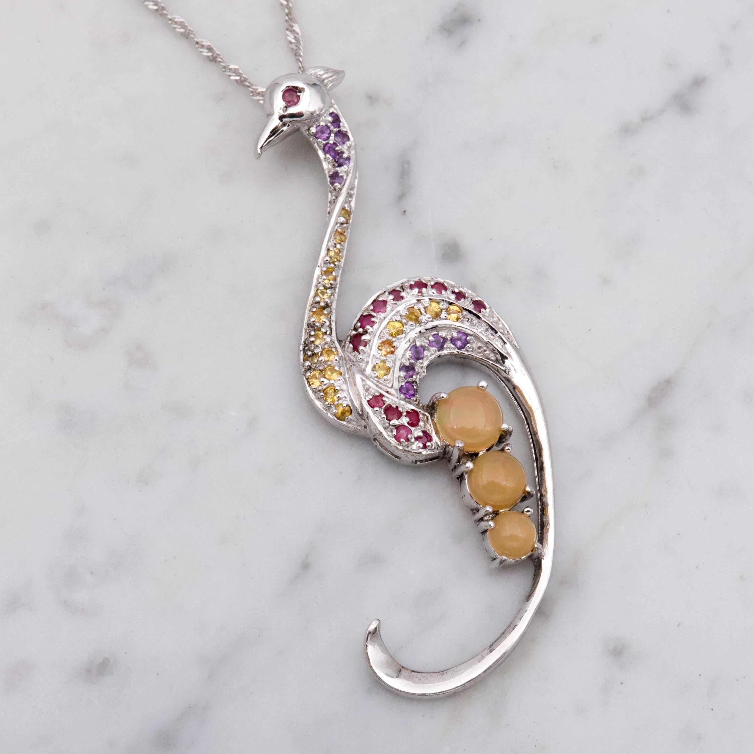 Vintage sterling peacock ruby, citrine, amethyst, opal pendant on singapore chain