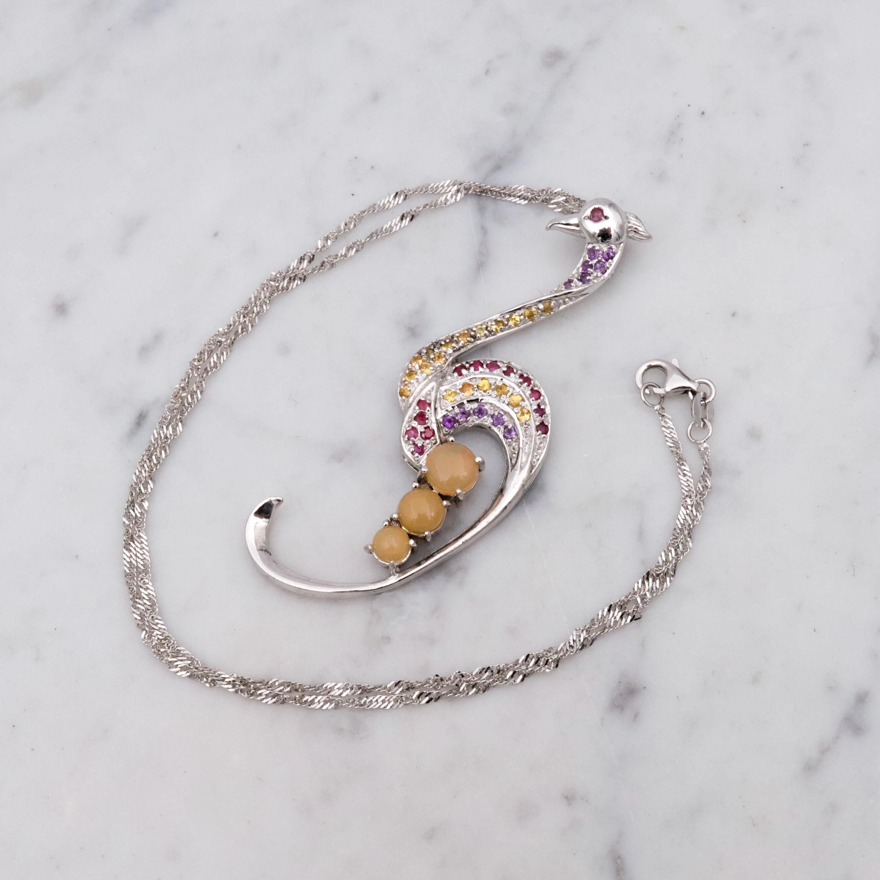 Vintage sterling peacock ruby, citrine, amethyst, opal pendant on singapore chain