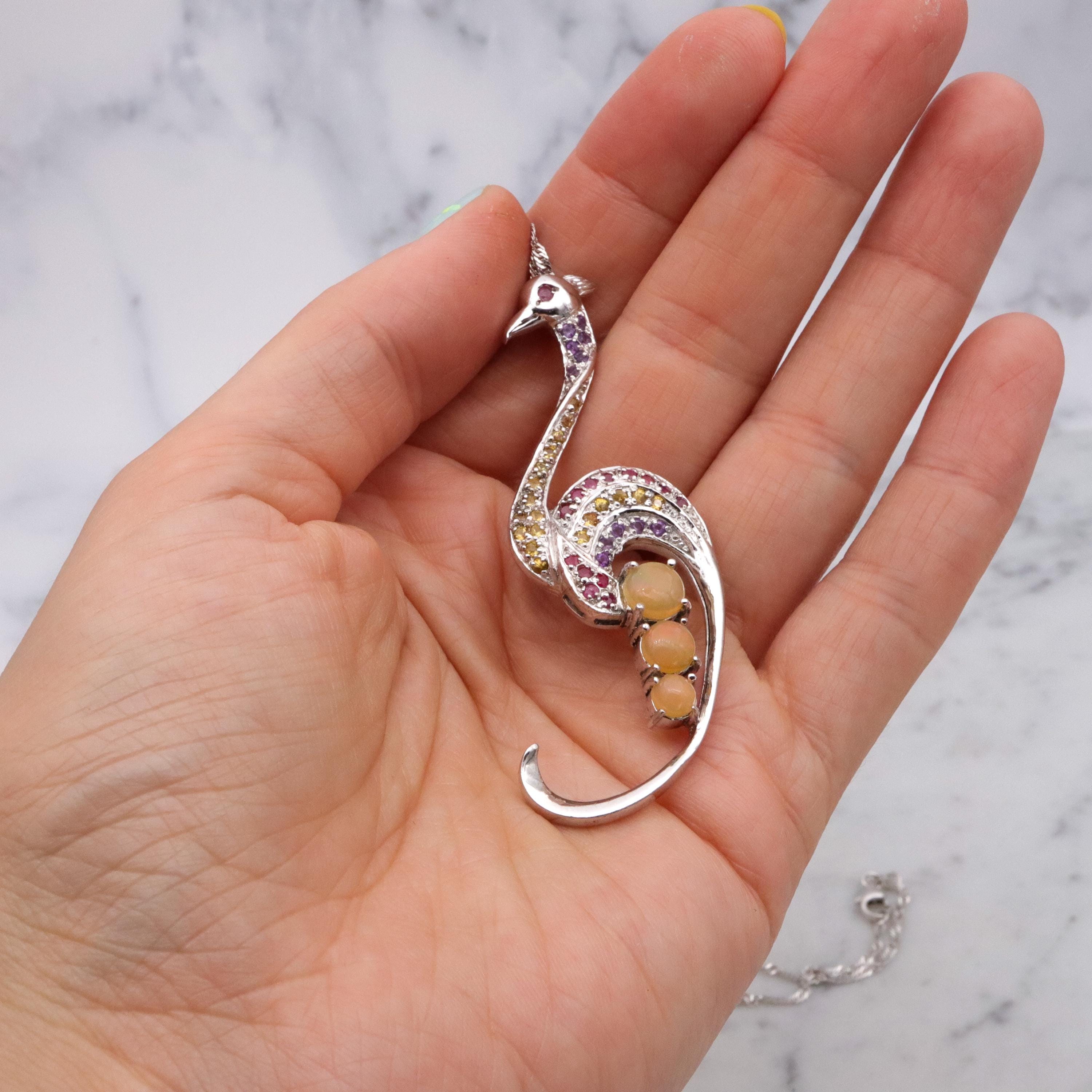 Vintage sterling peacock ruby, citrine, amethyst, opal pendant on singapore chain