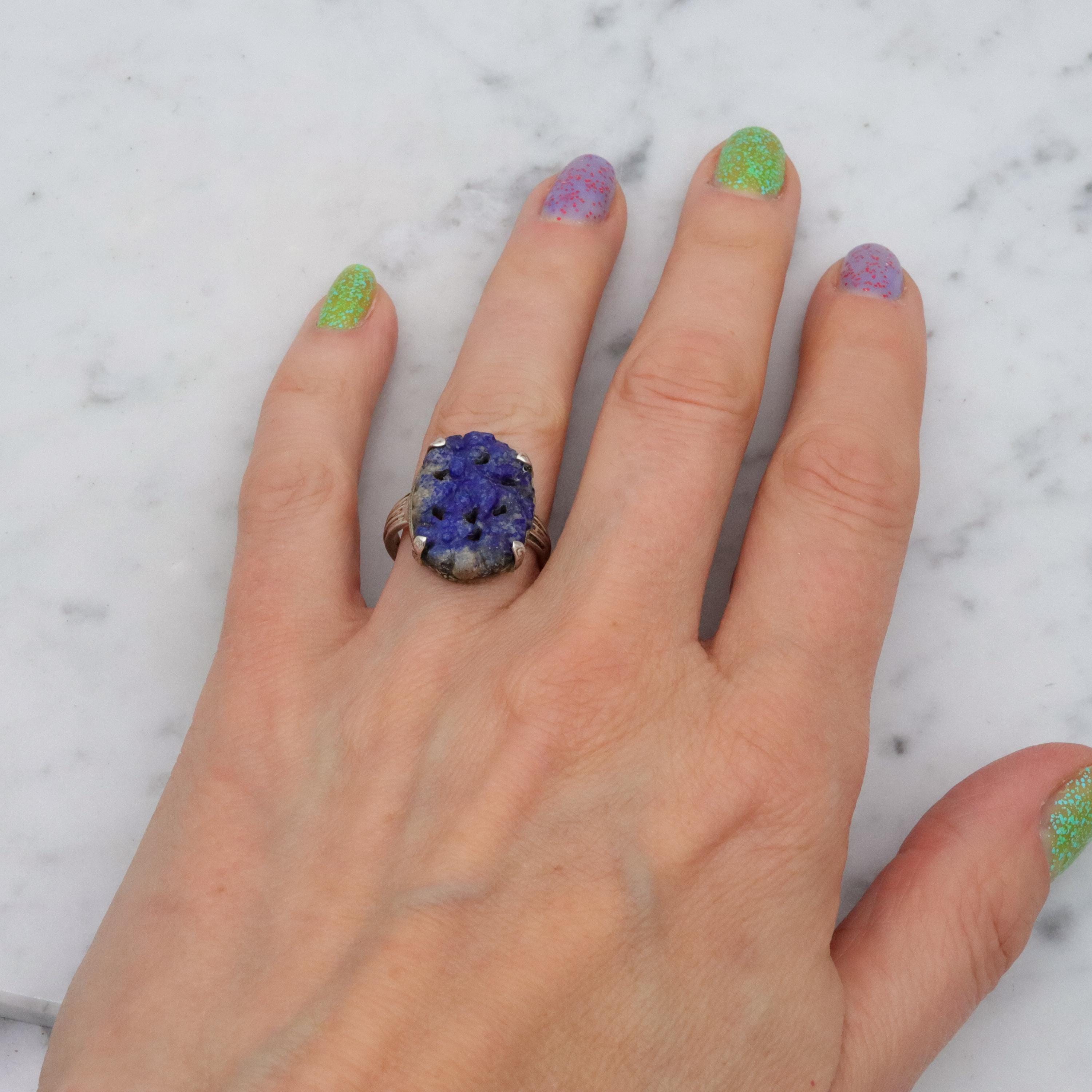 Art Deco Chinese carved lapis lazuli sterling ring, size 7.5