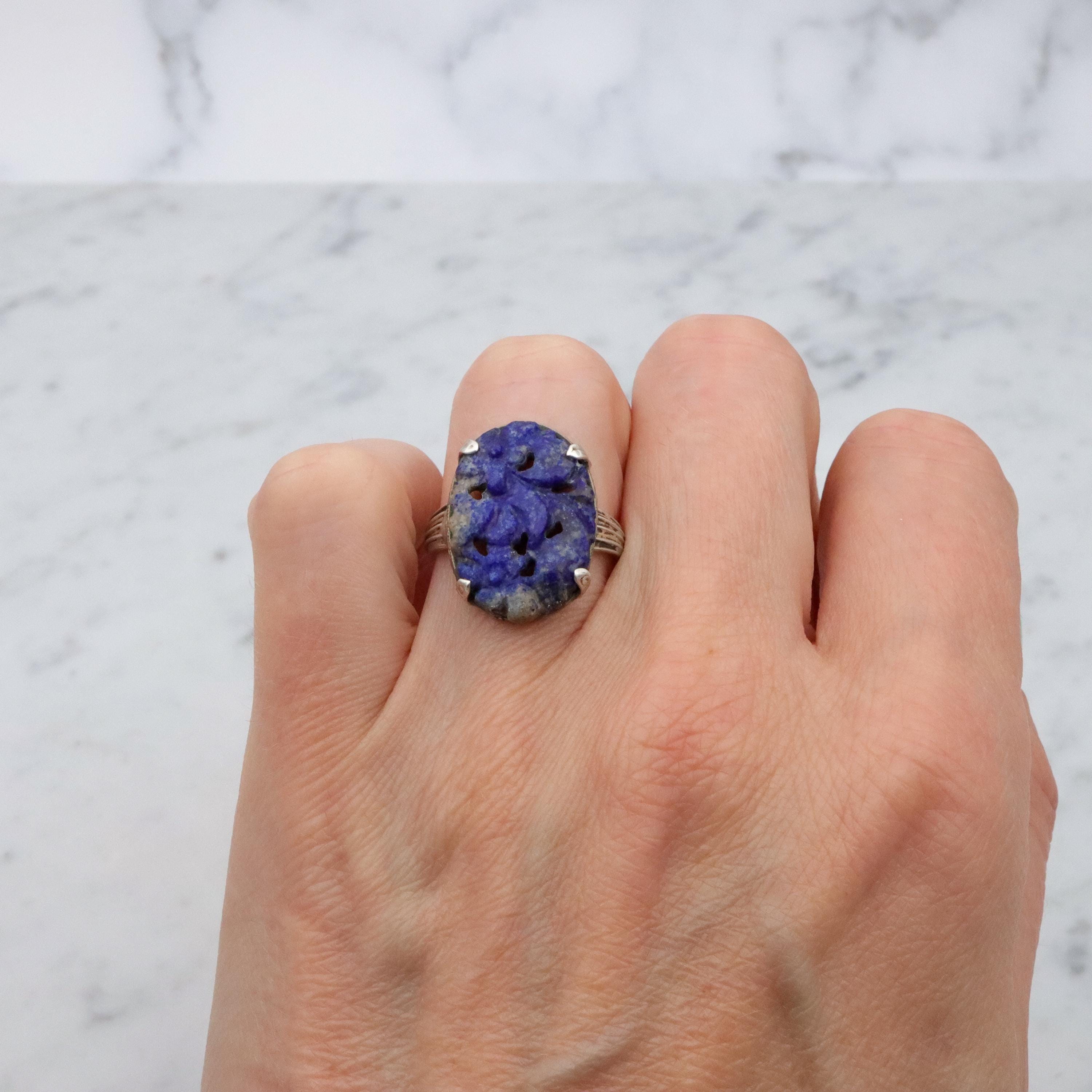 Art Deco Chinese carved lapis lazuli sterling ring, size 7.5