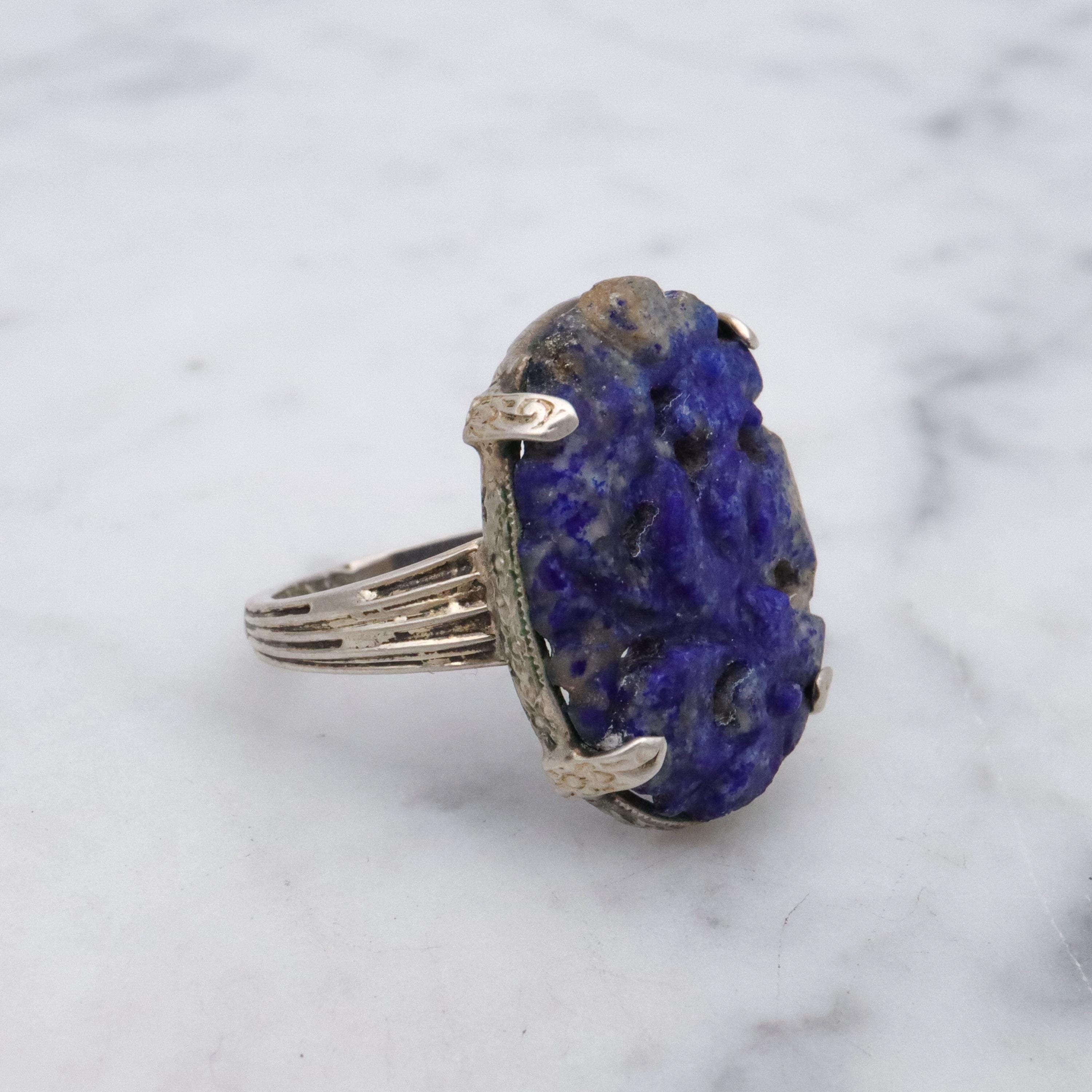 Art Deco Chinese carved lapis lazuli sterling ring, size 7.5