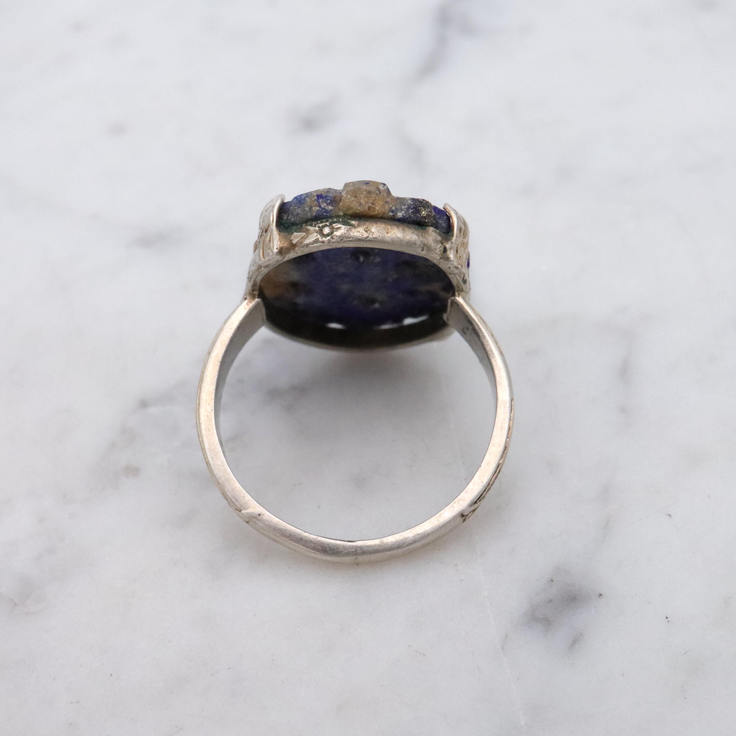 Art Deco Chinese carved lapis lazuli sterling ring, size 7.5