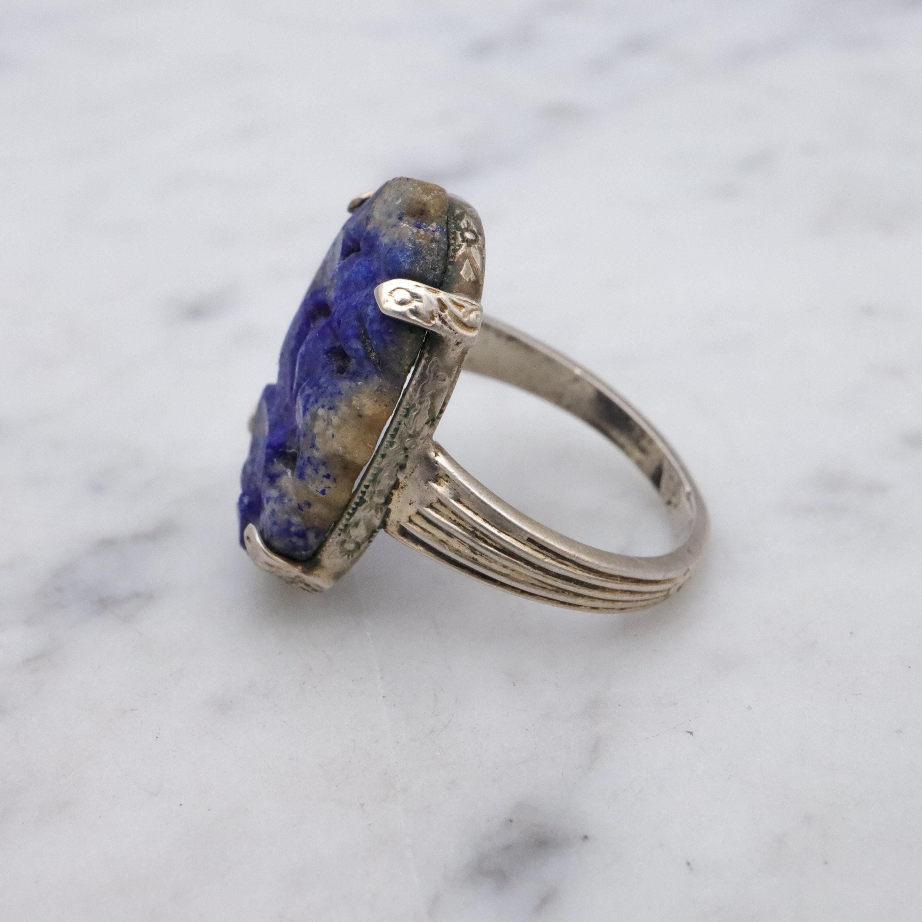 Art Deco Chinese carved lapis lazuli sterling ring, size 7.5