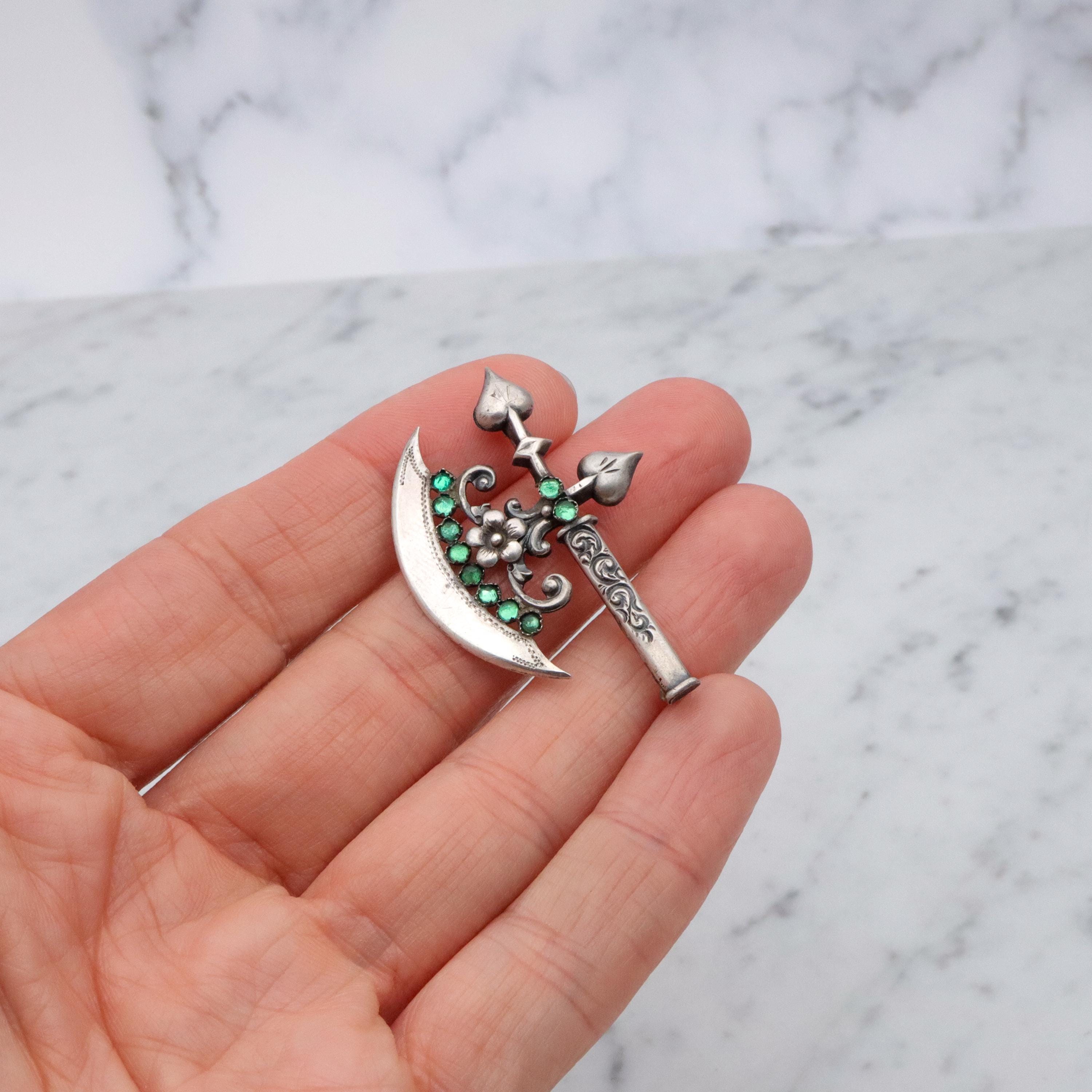 Rare Antique Victorian sterling fancy battle axe brooch with emerald paste gems