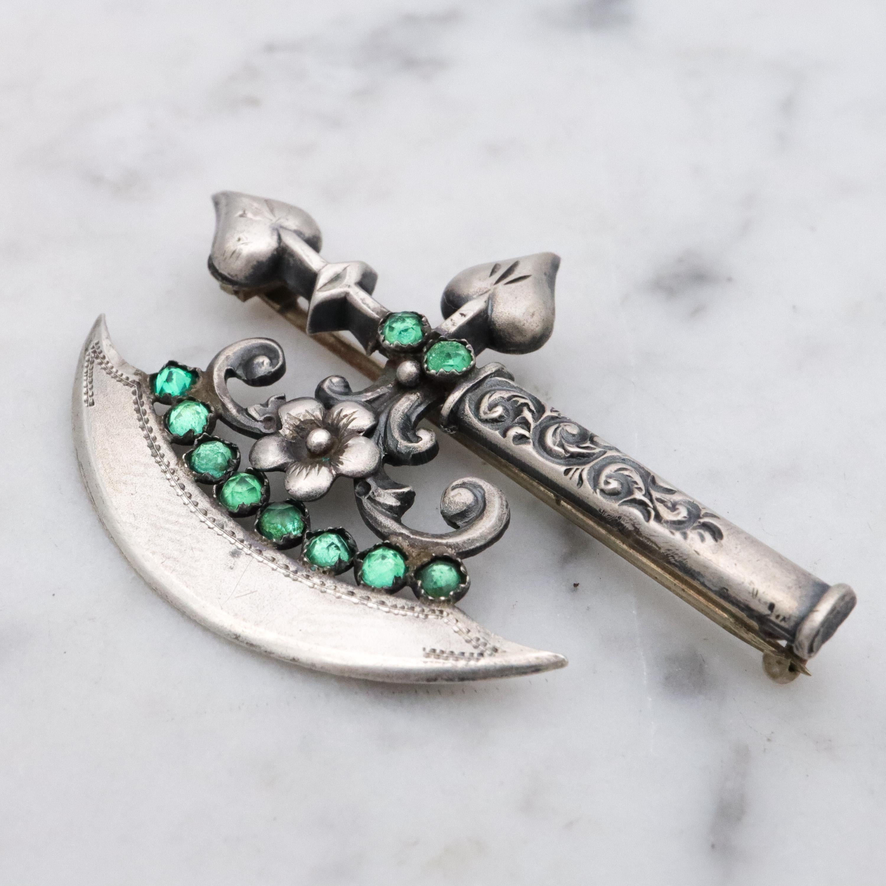 Rare Antique Victorian sterling fancy battle axe brooch with emerald paste gems