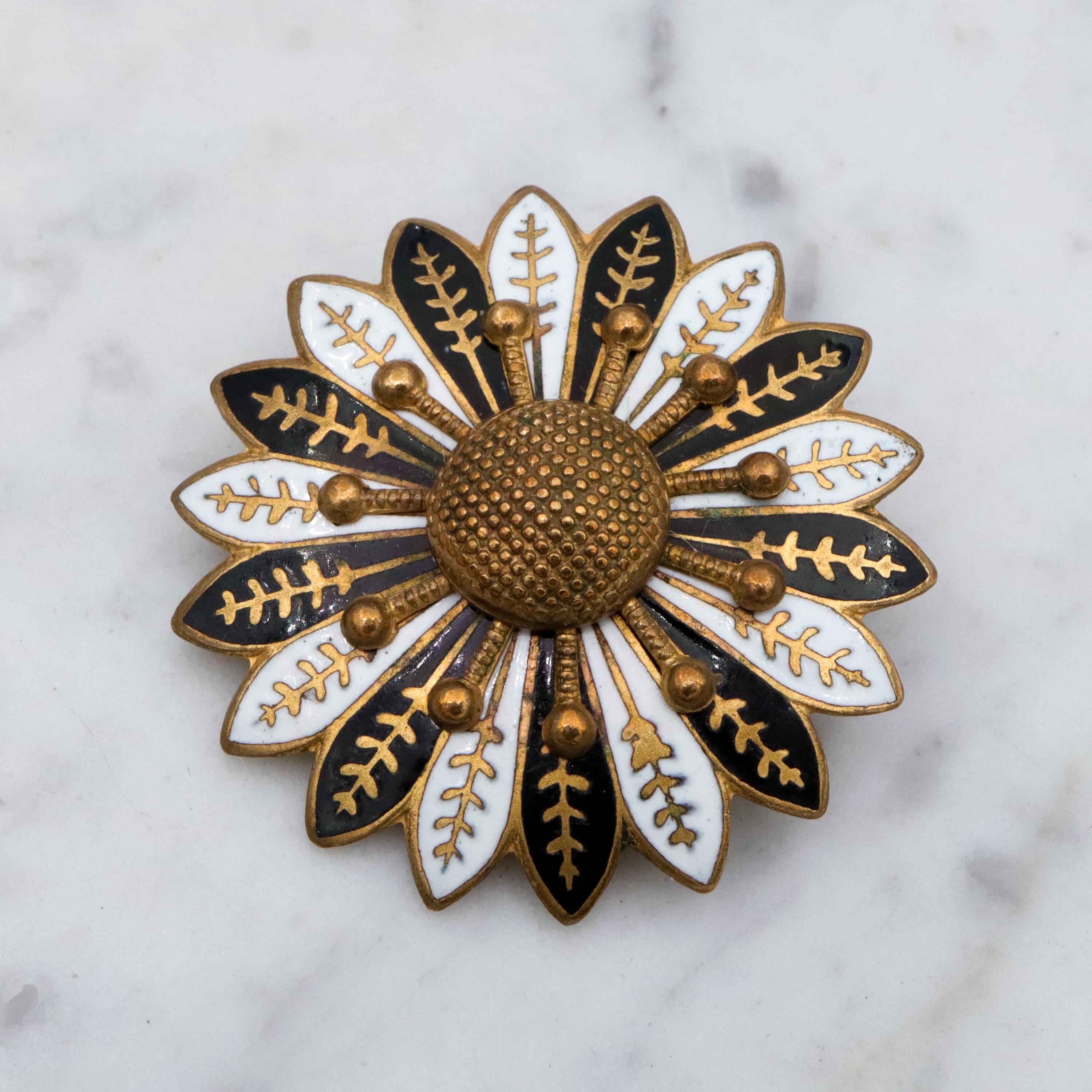 Antique brass enamel sunflower brooch