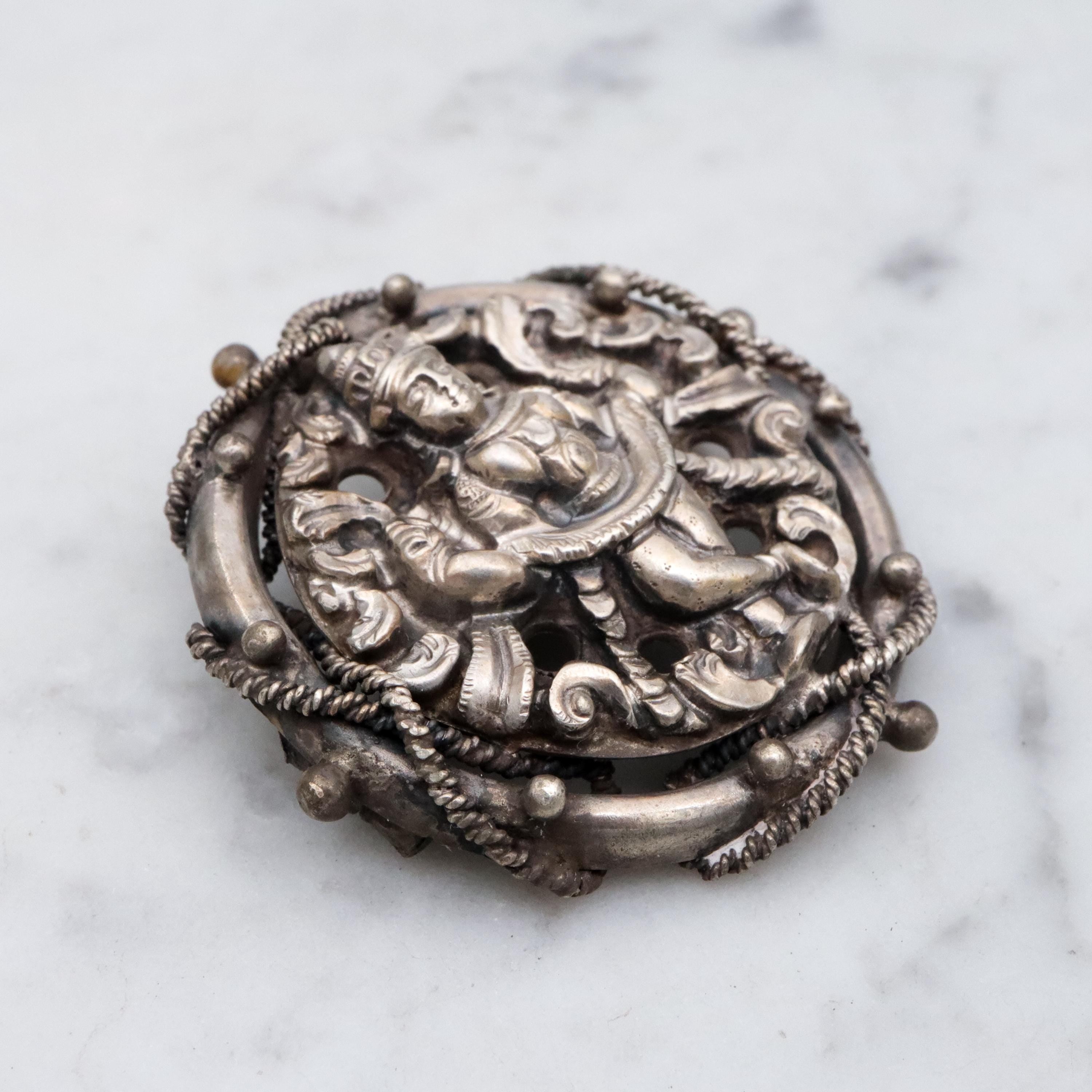 Edwardian Indian silver Shiva circular brooch