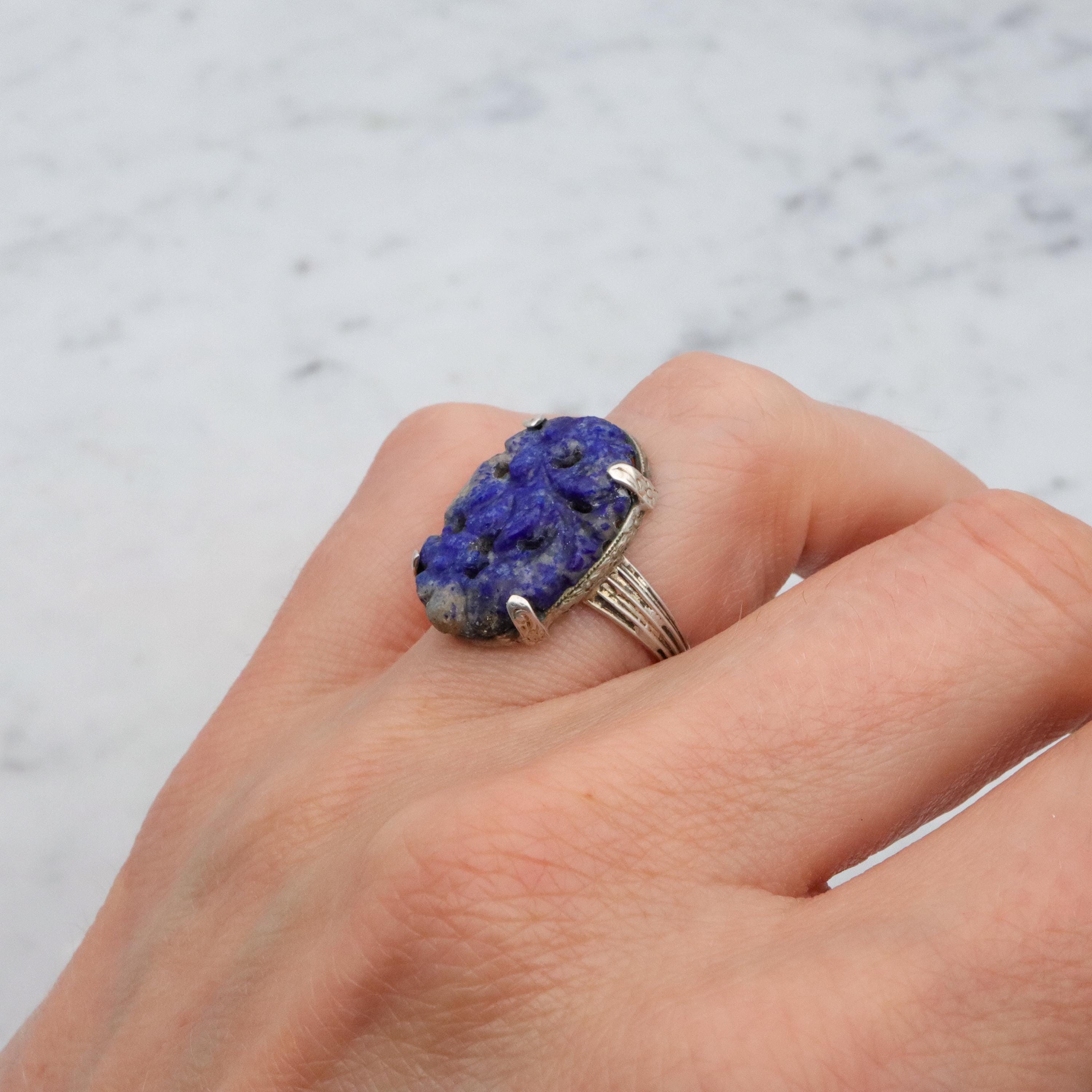 Art Deco Chinese carved lapis lazuli sterling ring, size 7.5