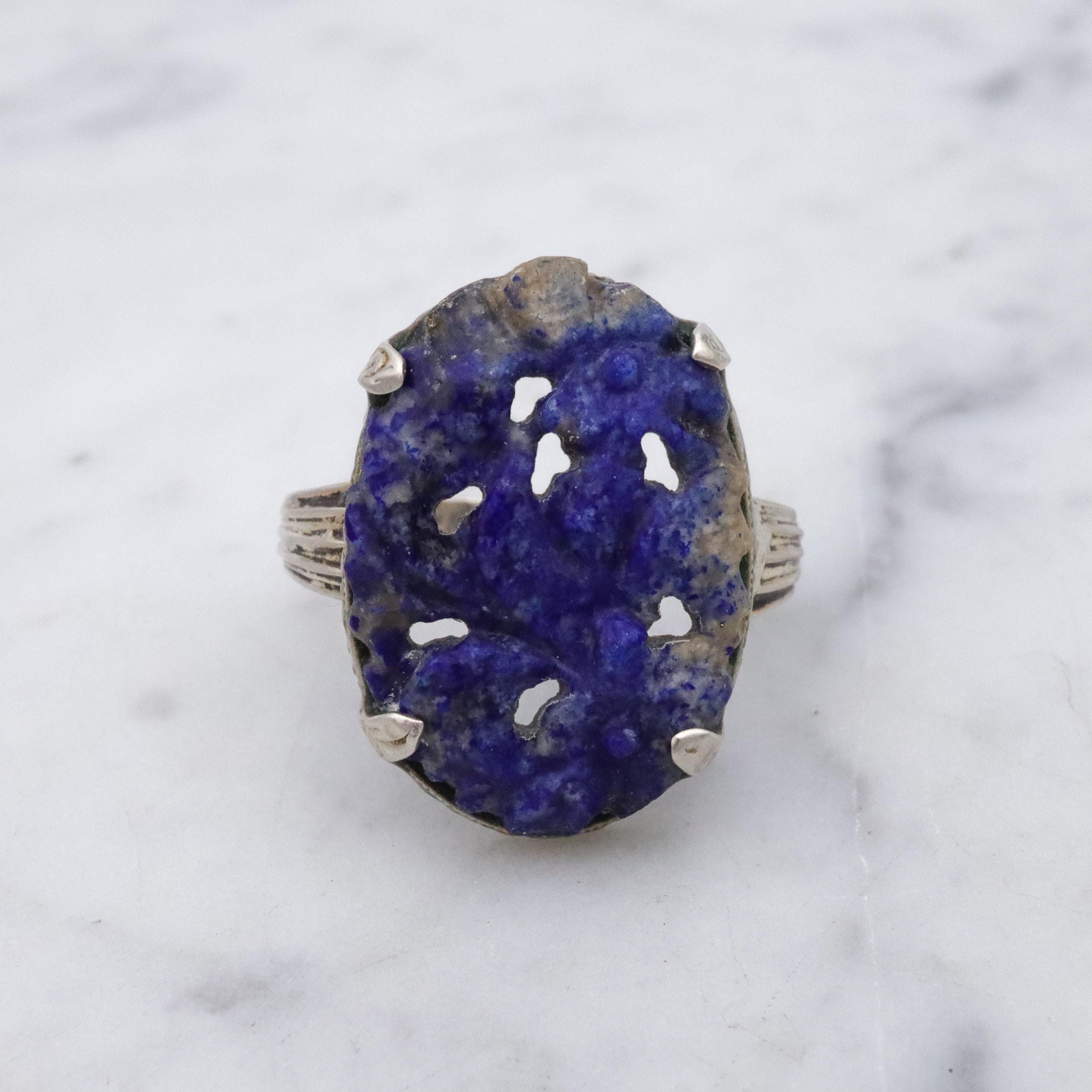 Art Deco Chinese carved lapis lazuli sterling ring, size 7.5