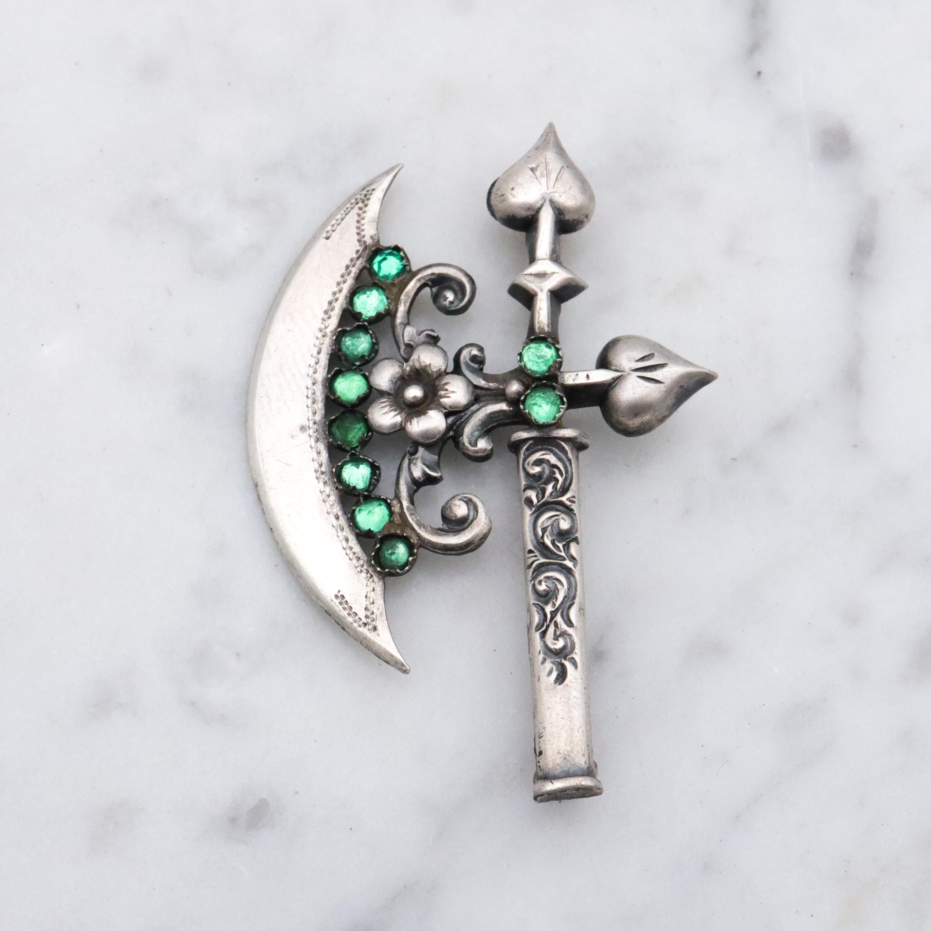 Rare Antique Victorian sterling fancy battle axe brooch with emerald paste gems