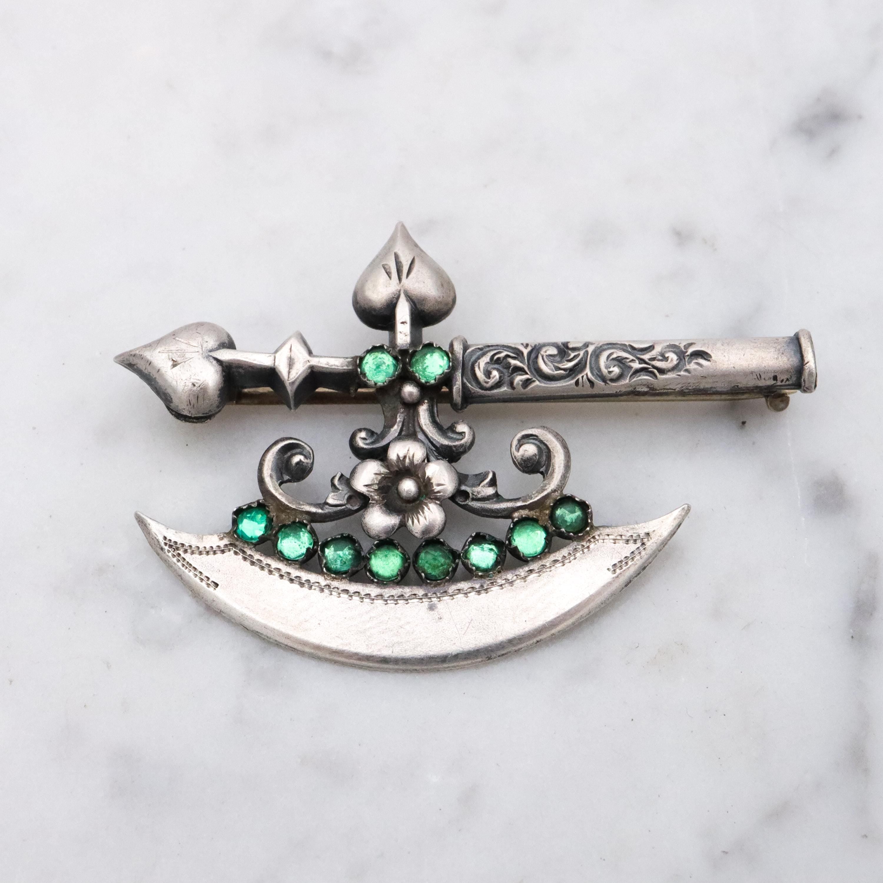 Rare Antique Victorian sterling fancy battle axe brooch with emerald paste gems