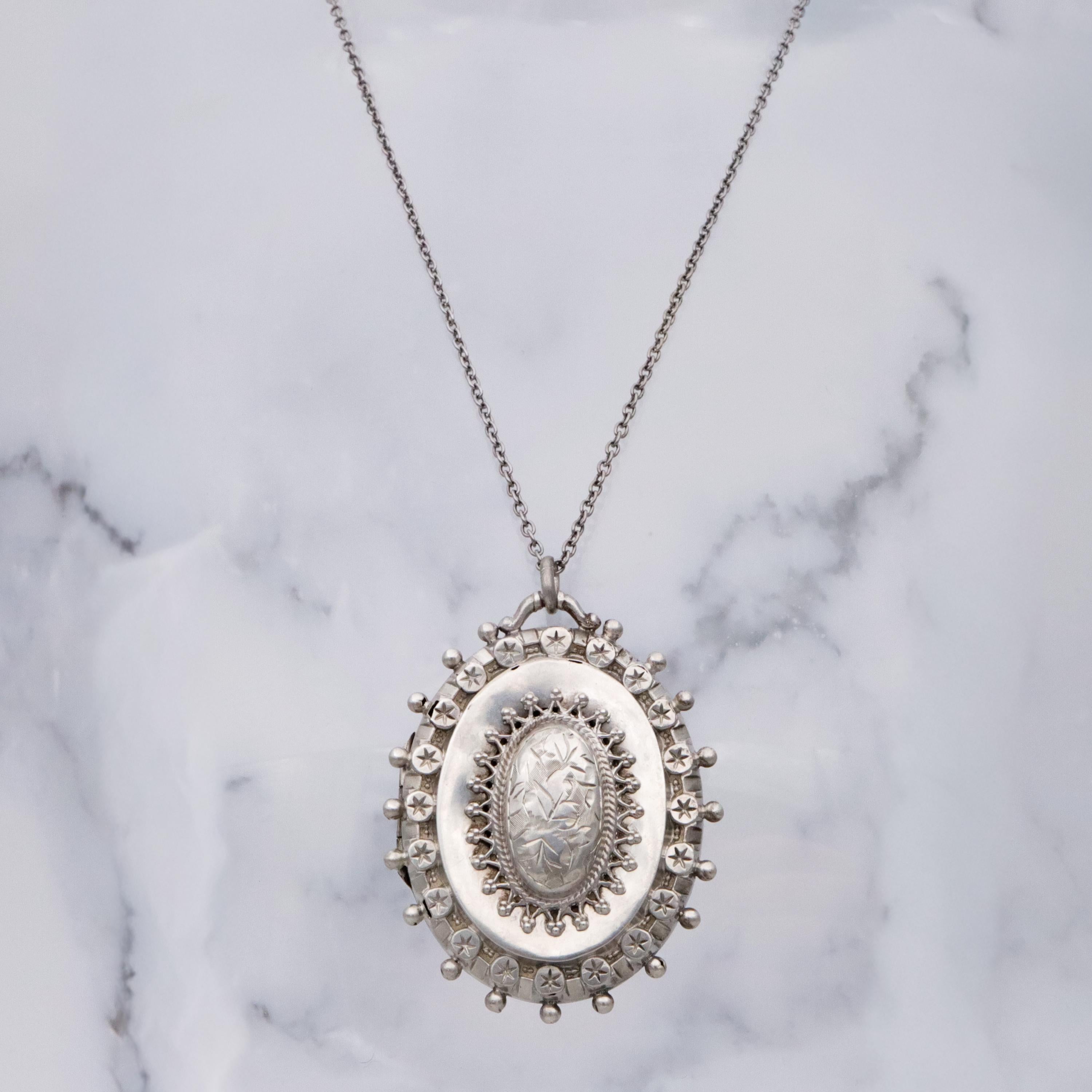 English Victorian Etruscan Revival sterling locket pendant, by RJD 1884