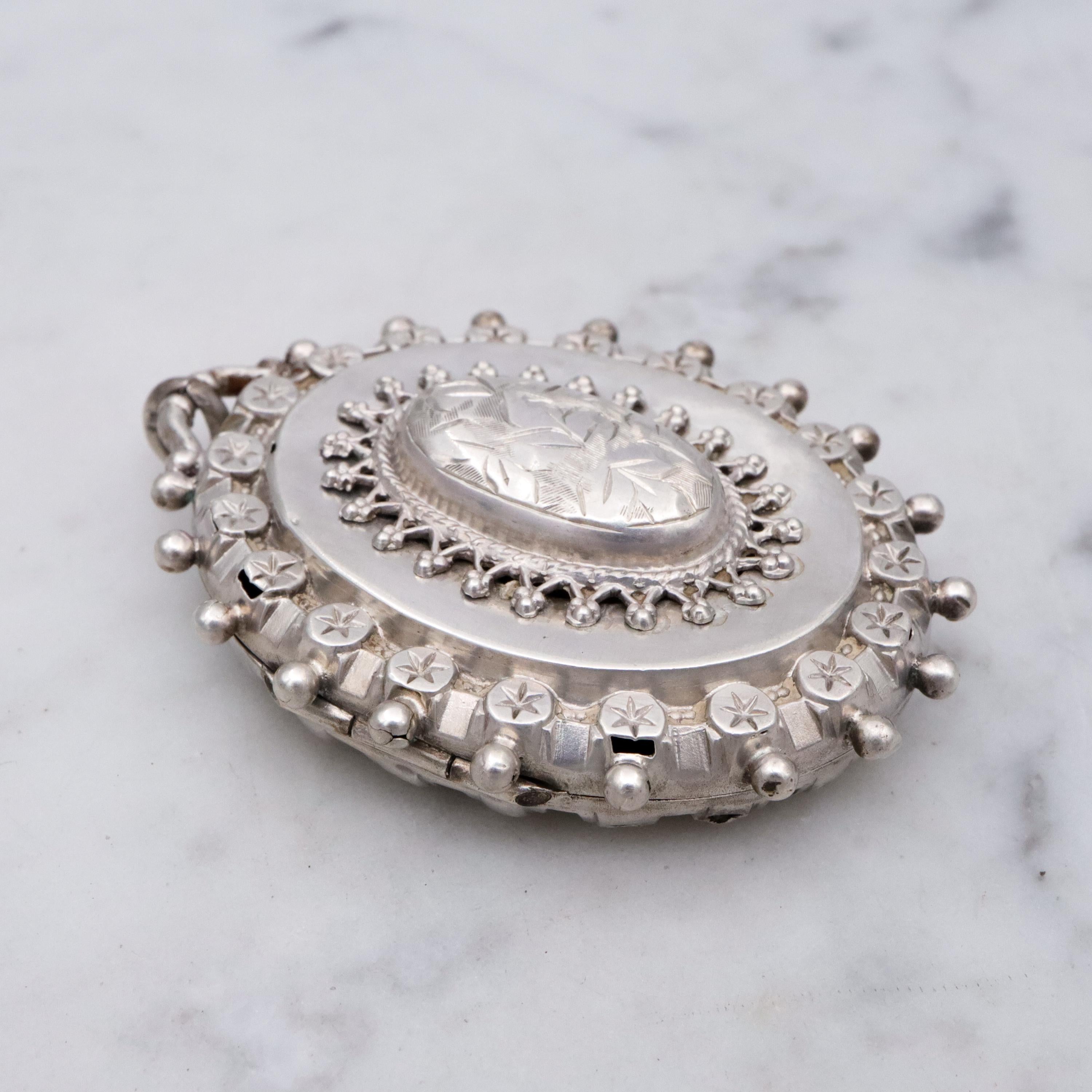 English Victorian Etruscan Revival sterling locket pendant, by RJD 1884