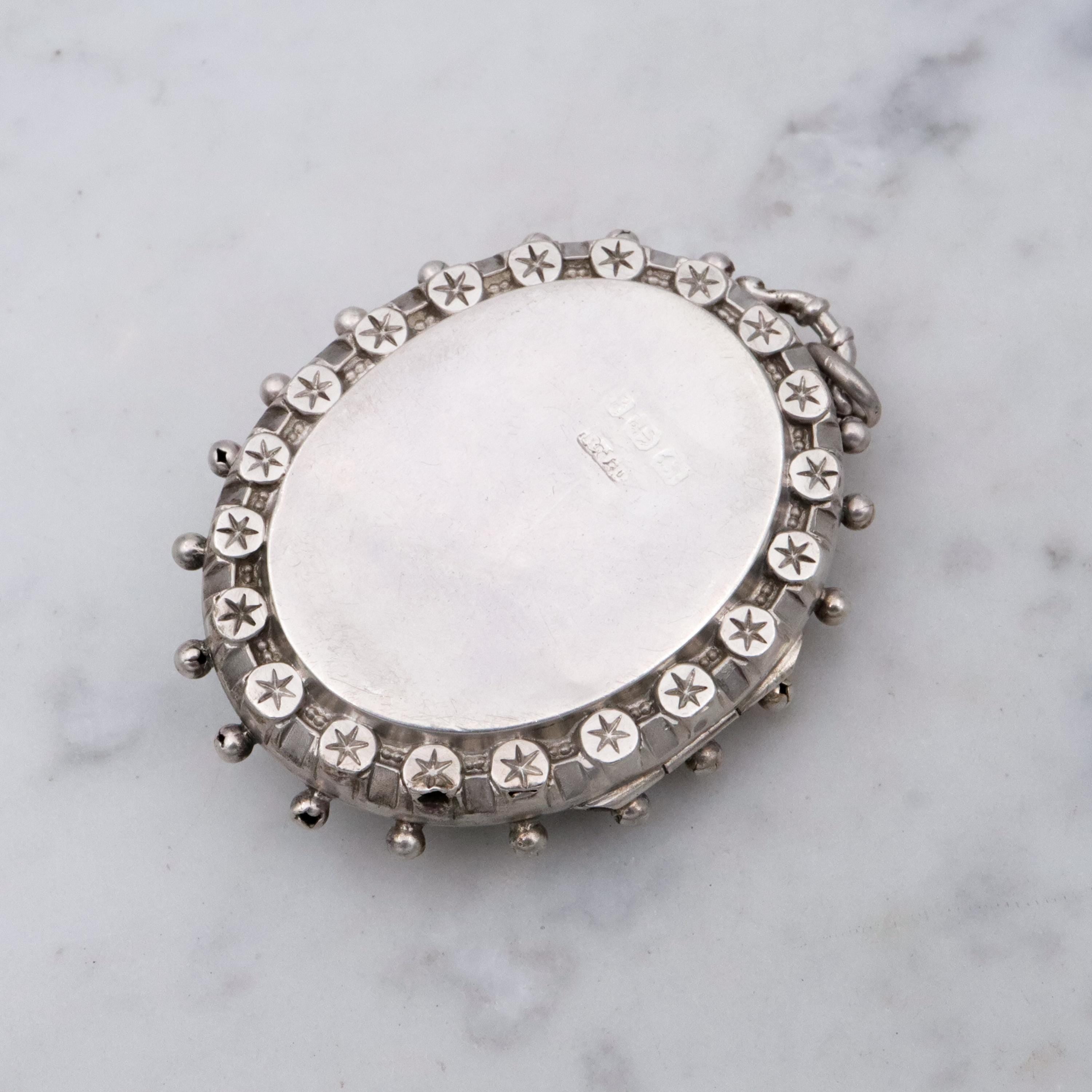 English Victorian Etruscan Revival sterling locket pendant, by RJD 1884