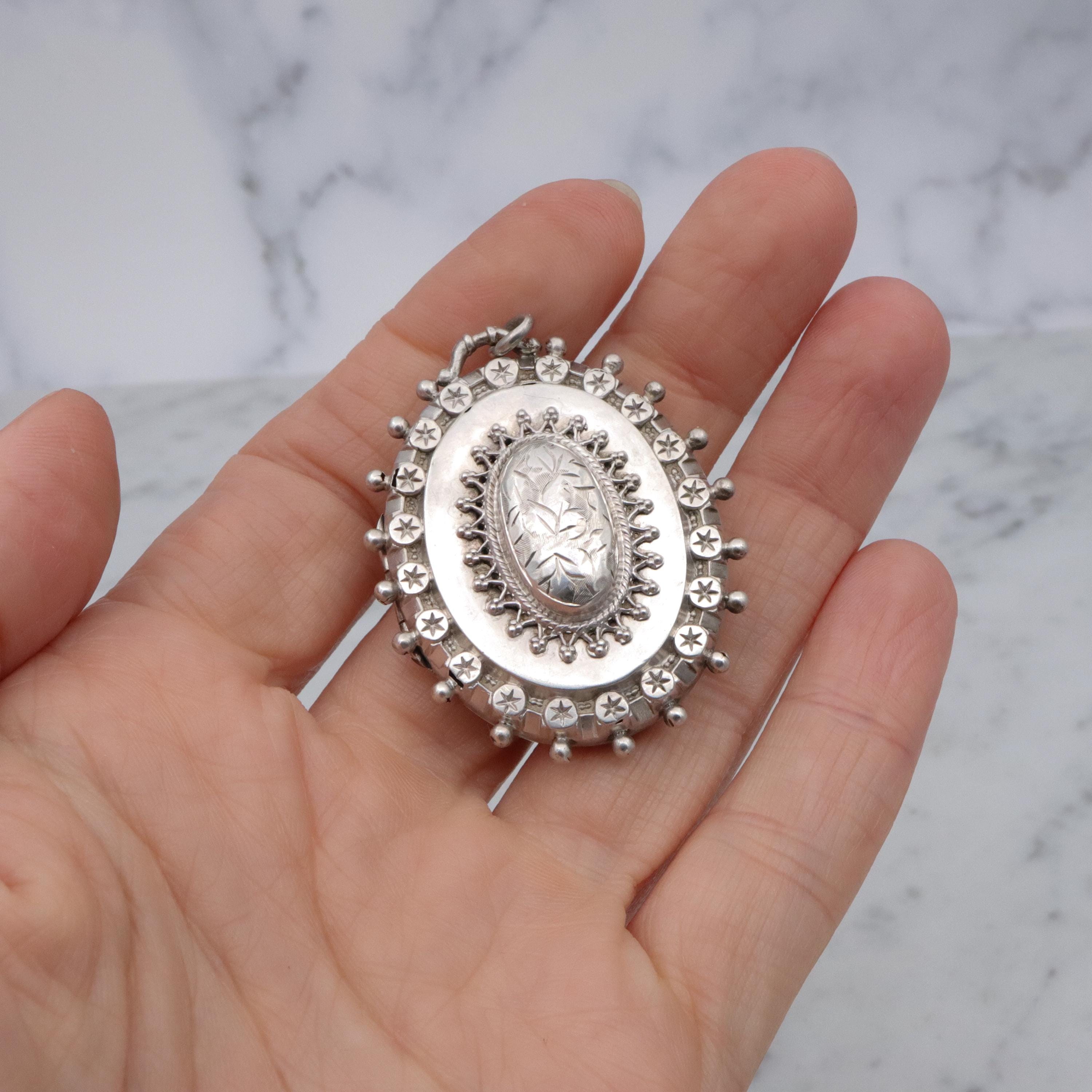 English Victorian Etruscan Revival sterling locket pendant, by RJD 1884