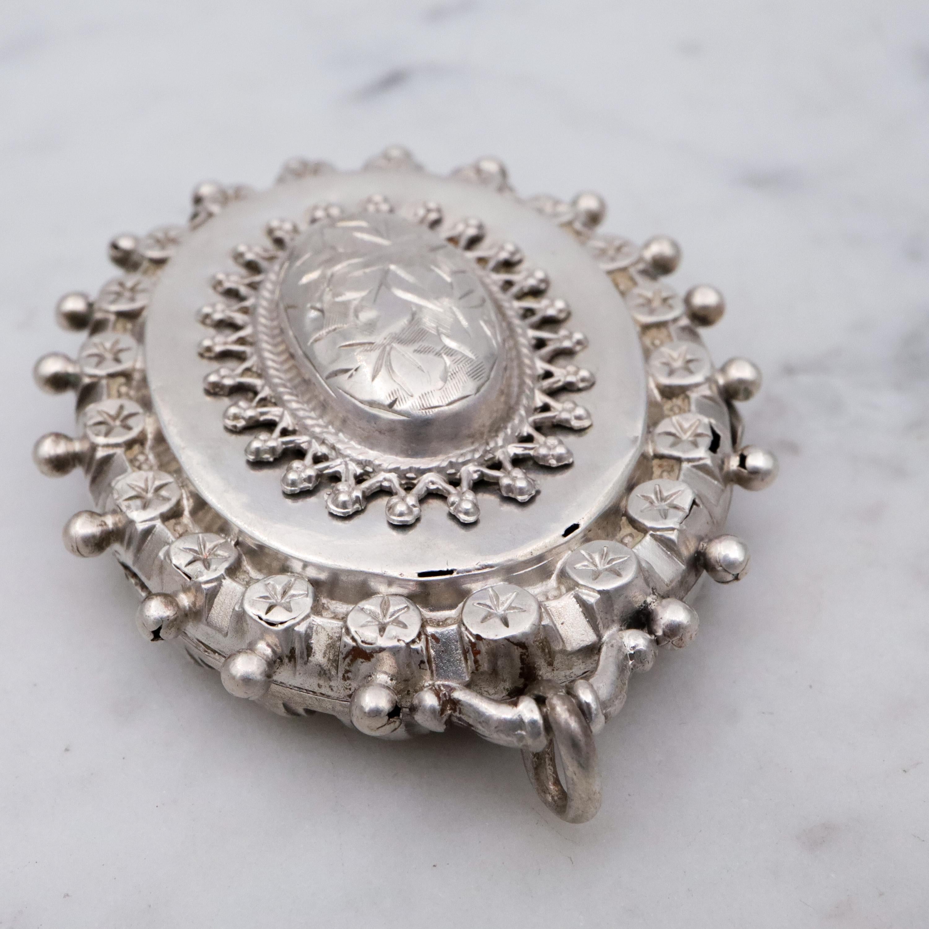 English Victorian Etruscan Revival sterling locket pendant, by RJD 1884