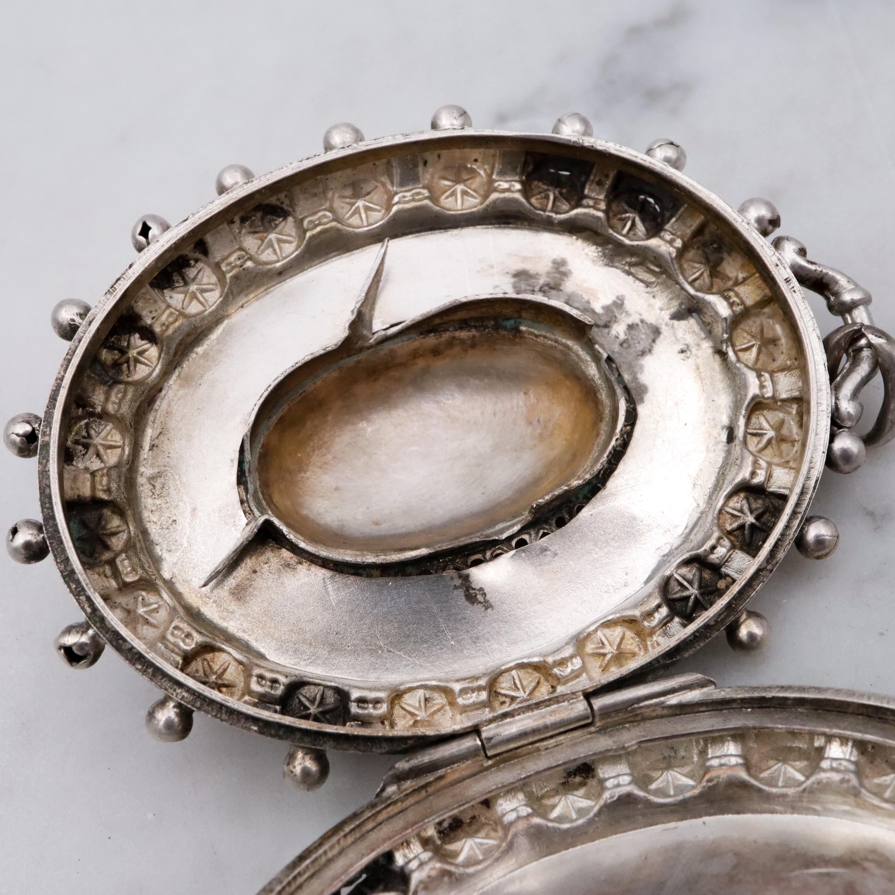 English Victorian Etruscan Revival sterling locket pendant, by RJD 1884