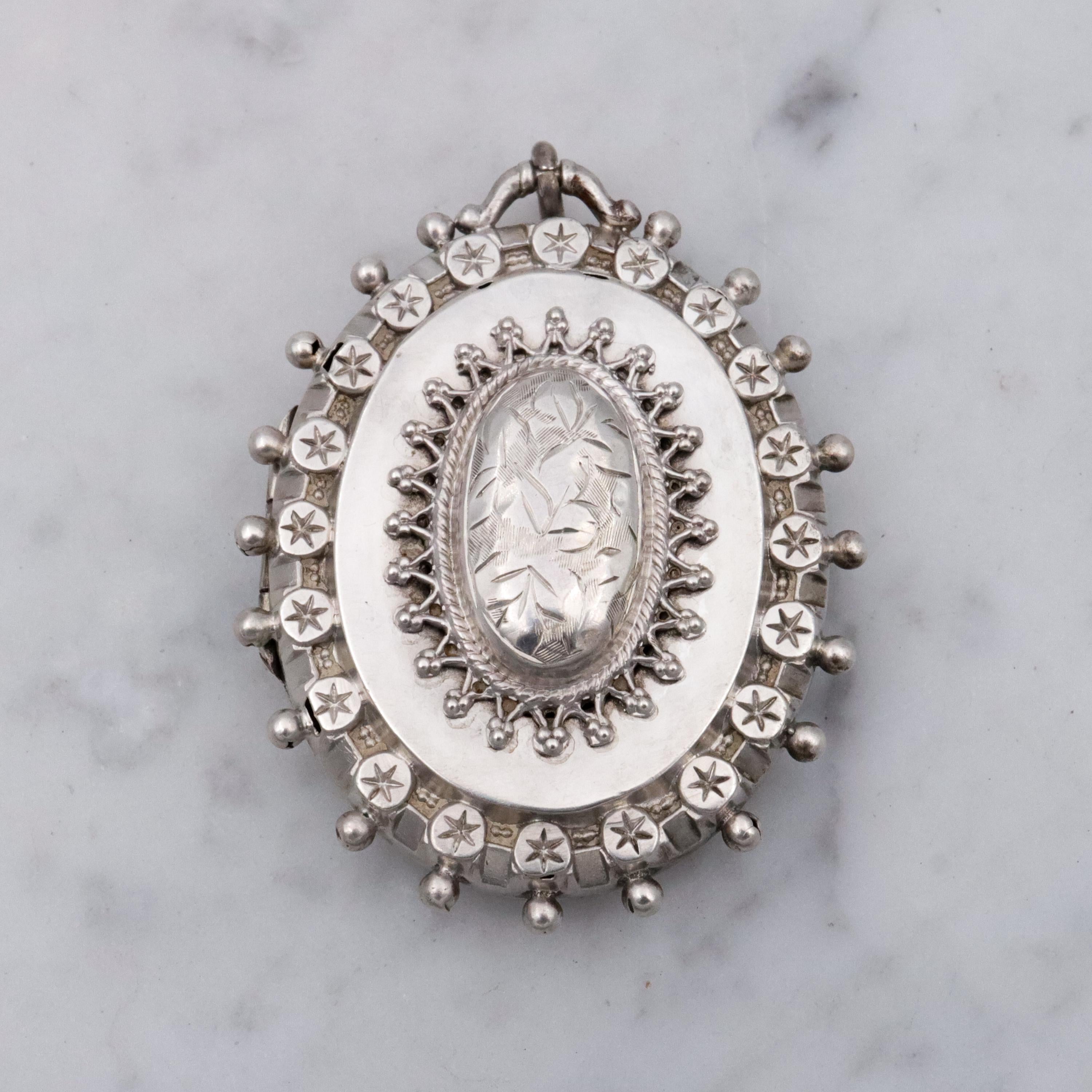 English Victorian Etruscan Revival sterling locket pendant, by RJD 1884