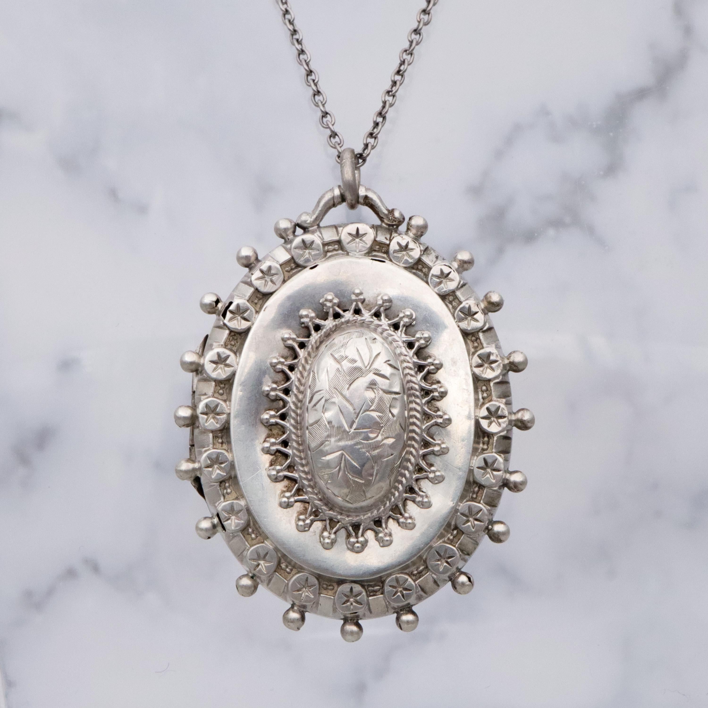 English Victorian Etruscan Revival sterling locket pendant, by RJD 1884
