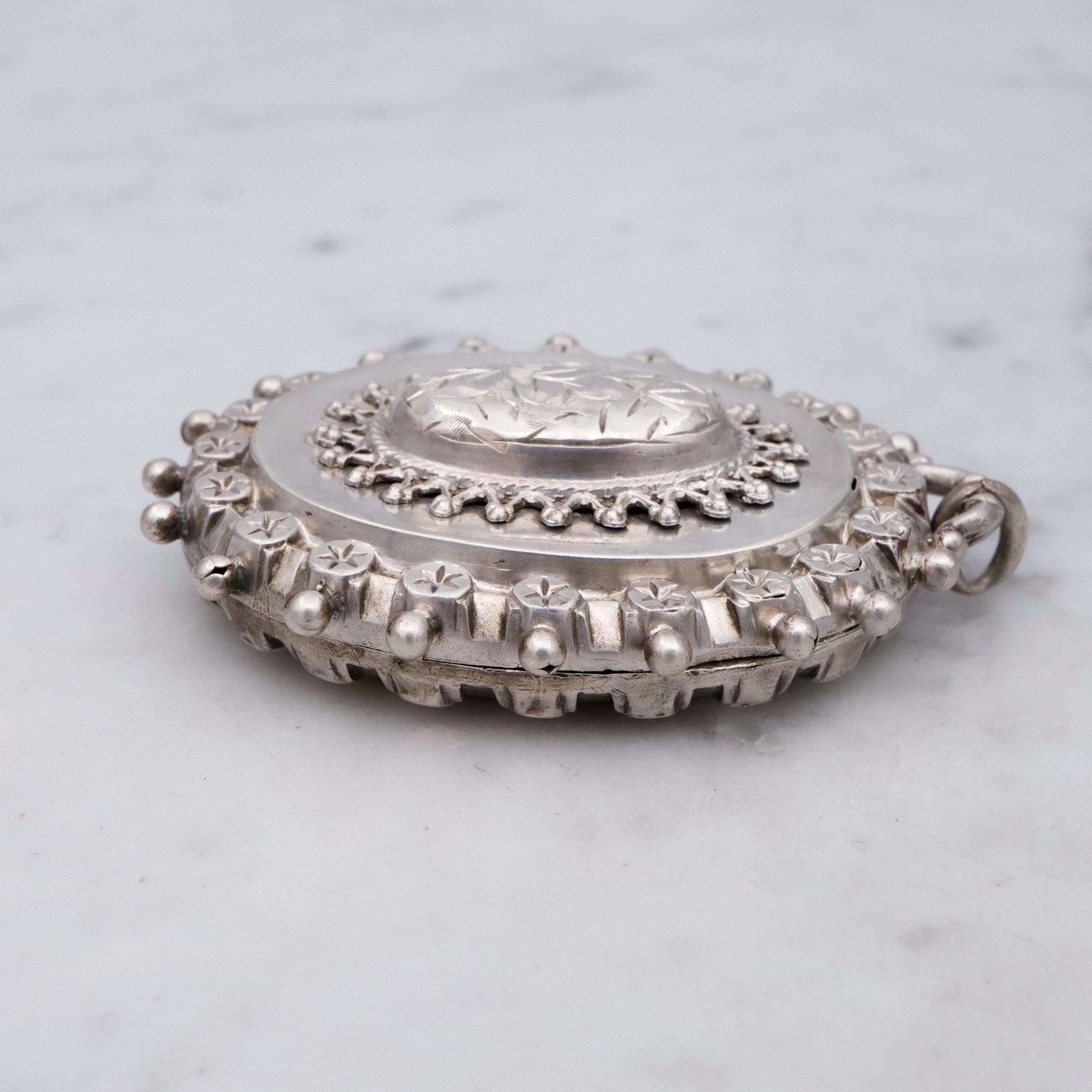 English Victorian Etruscan Revival sterling locket pendant, by RJD 1884