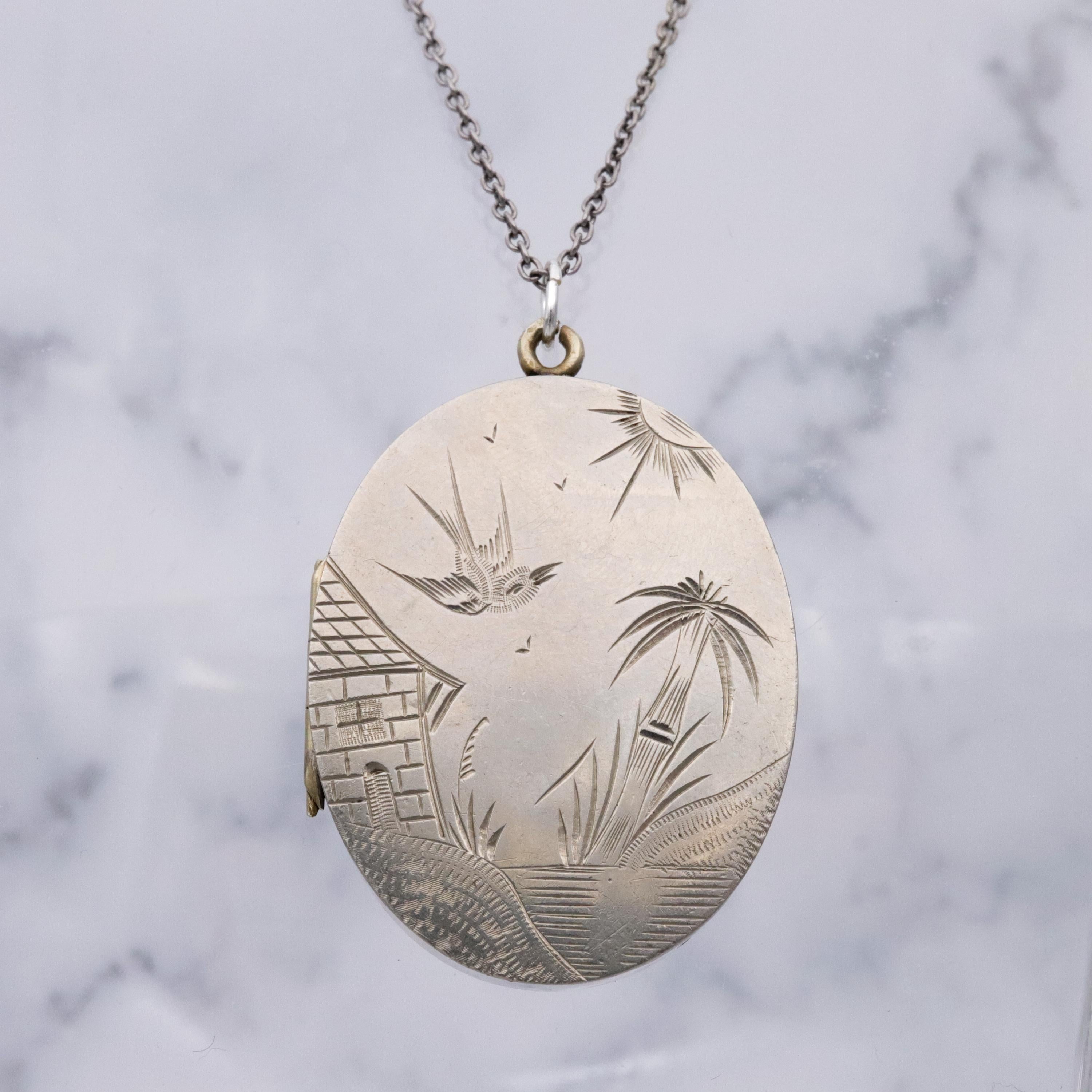 Victorian silver plated Aesthetic engraved swallow locket
