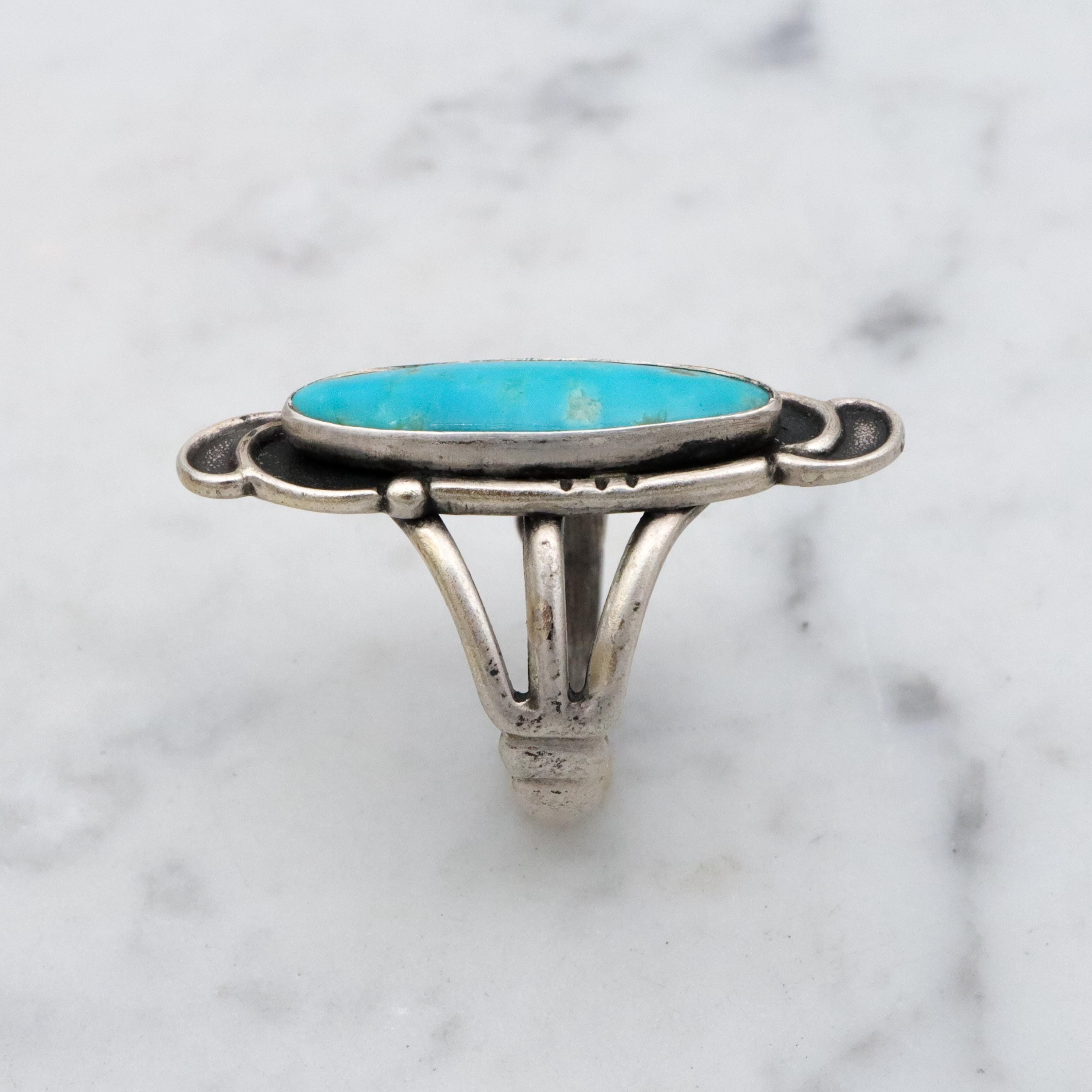 Vintage Navajo turquoise sterling navette ring, size 5