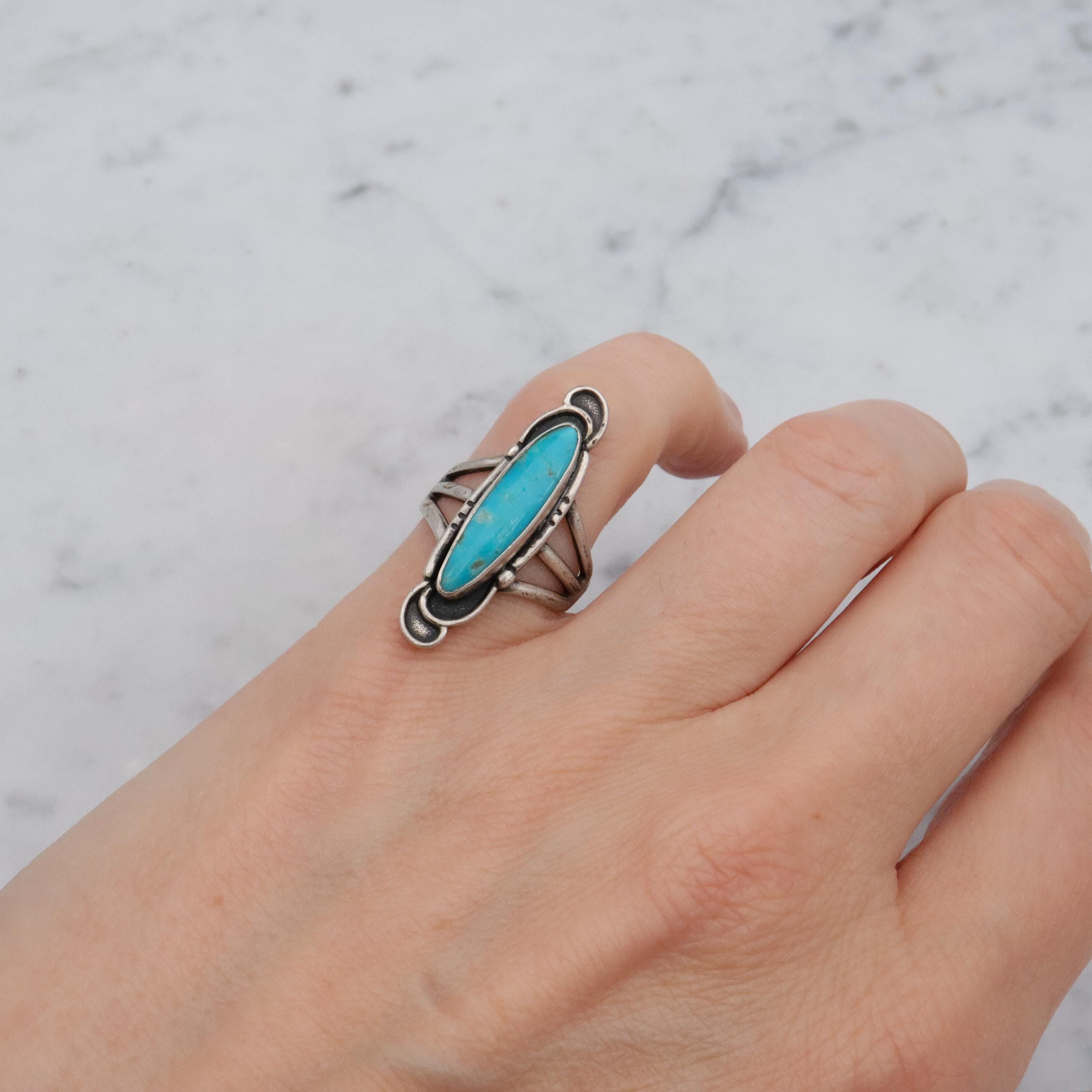 Vintage Navajo turquoise sterling navette ring, size 5
