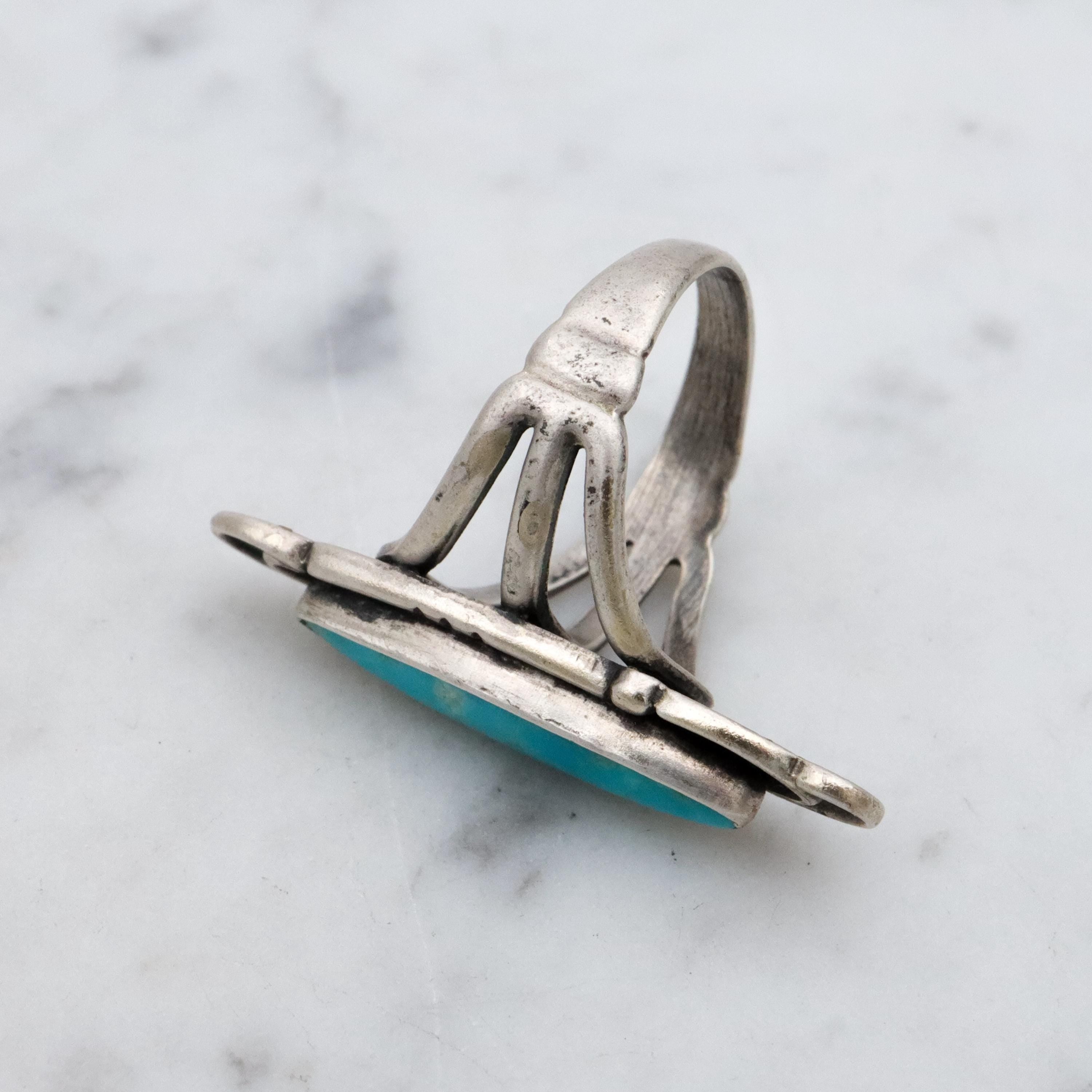 Vintage Navajo turquoise sterling navette ring, size 5