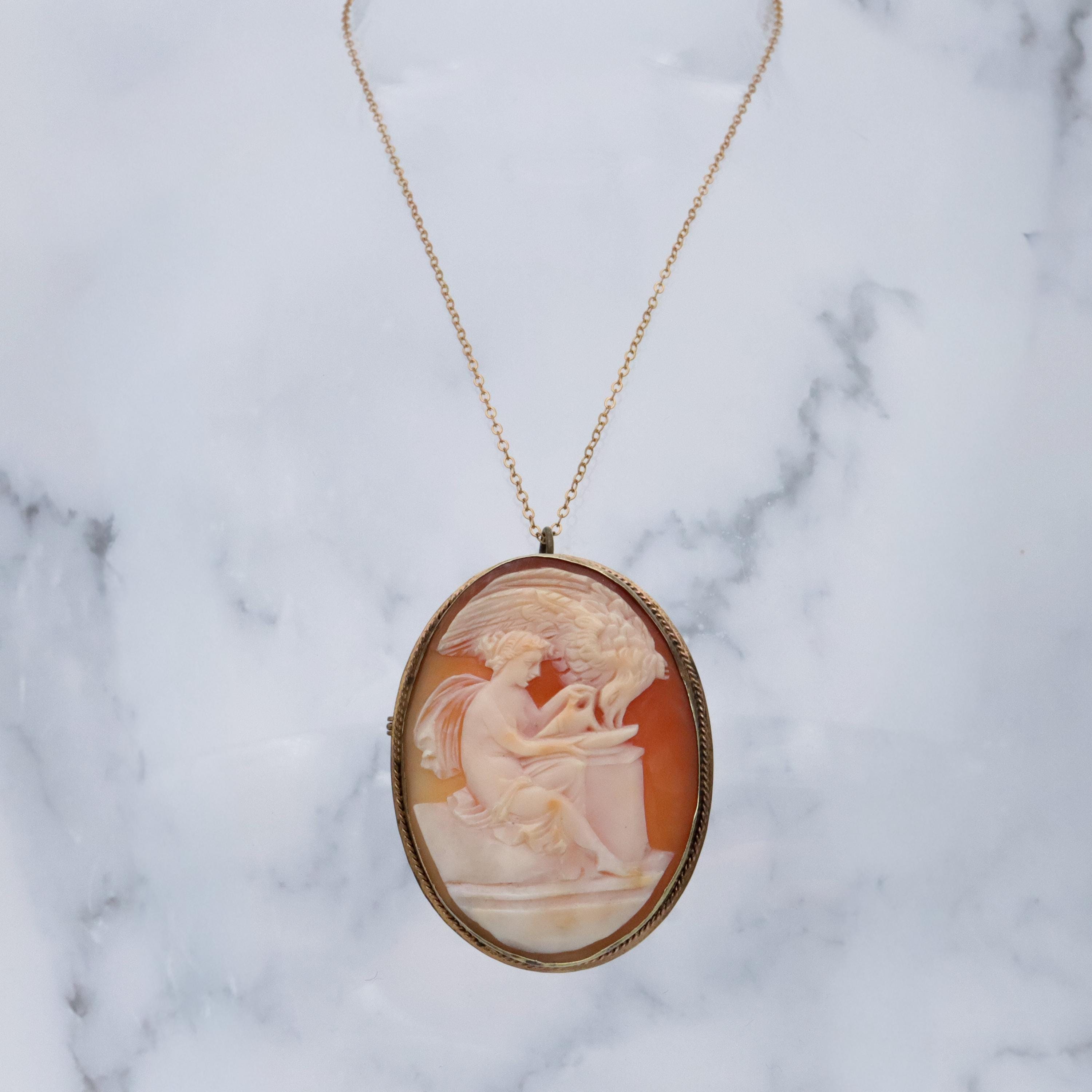 Victorian Hebe goddess shell cameo brooch/pendant combo