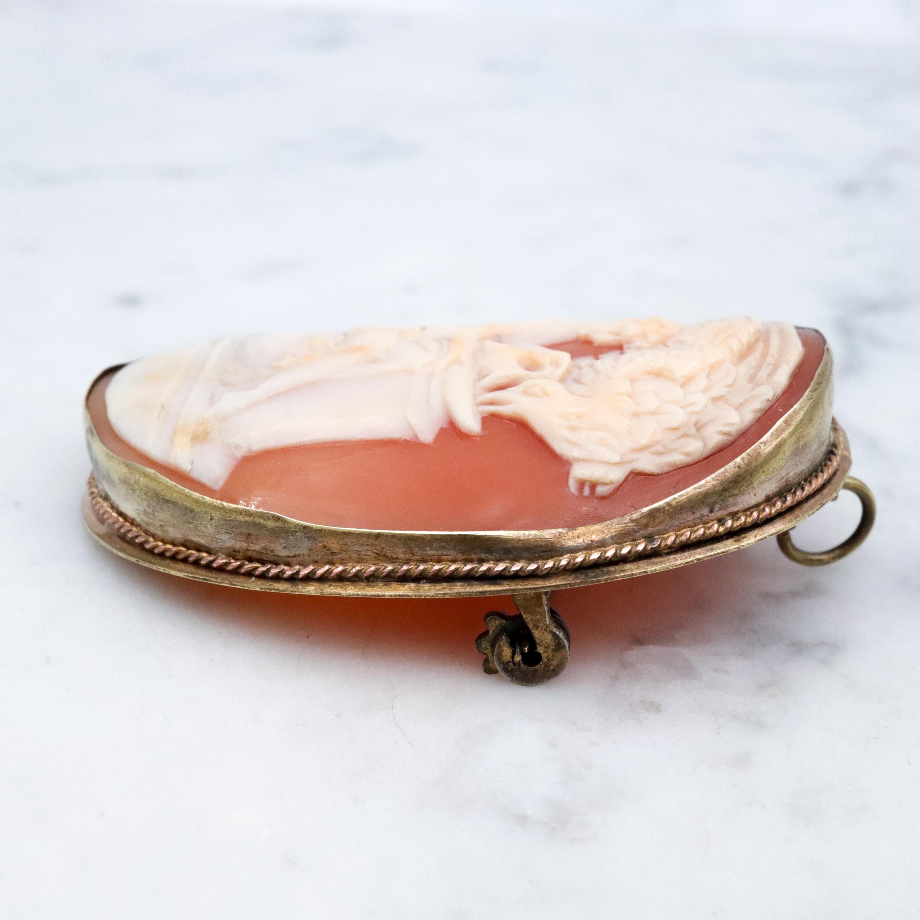 Victorian Hebe goddess shell cameo brooch/pendant combo