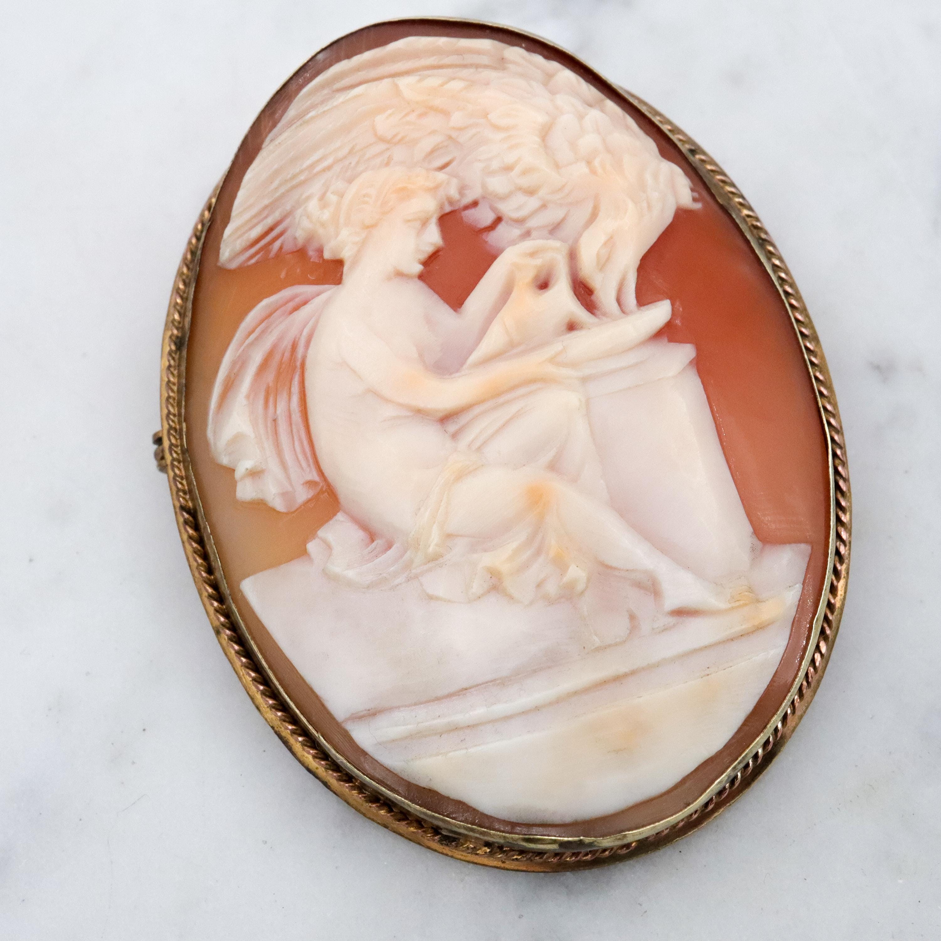 Victorian Hebe goddess shell cameo brooch/pendant combo