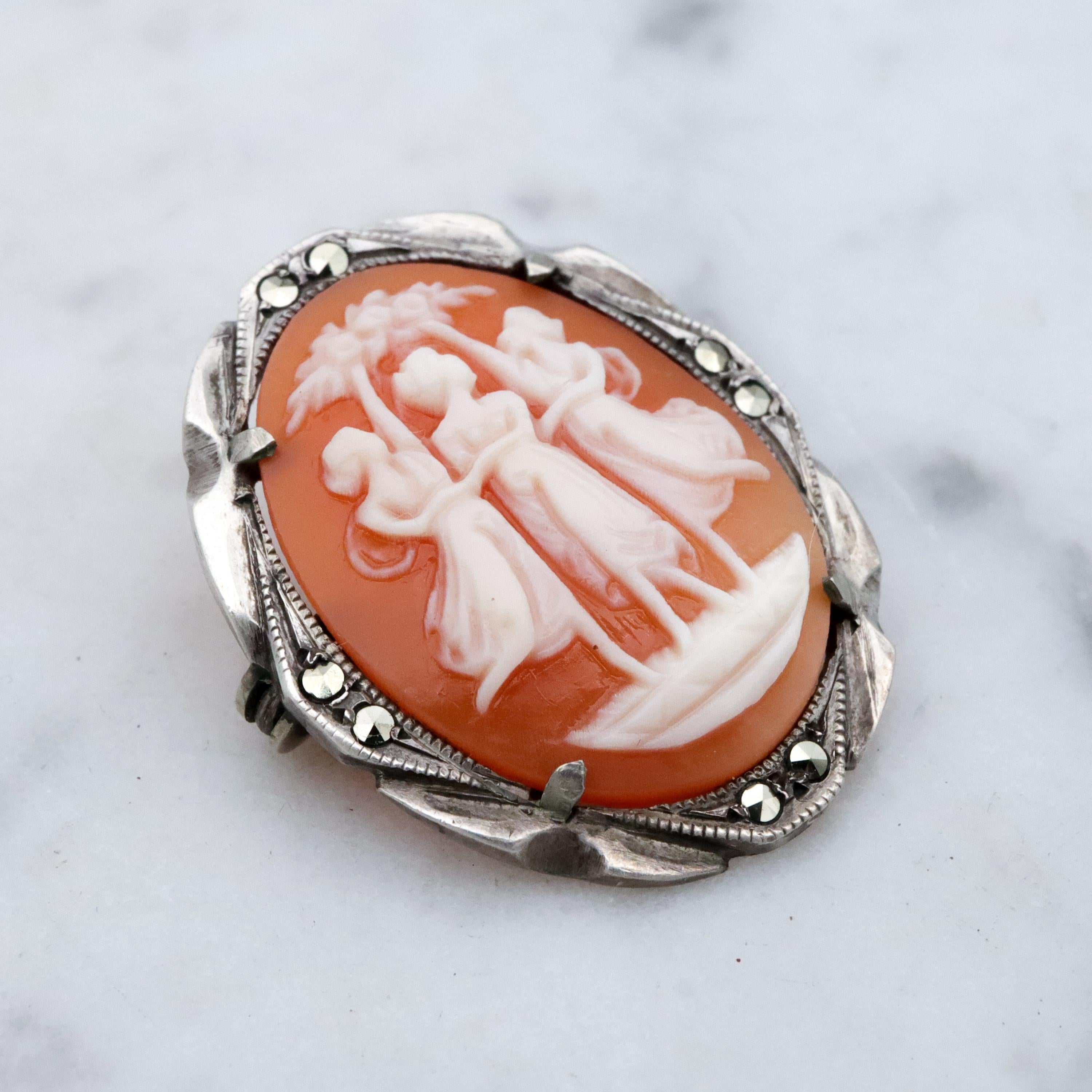 Art Deco silver & marcasite Three Graces cameo brooch/pendant combo