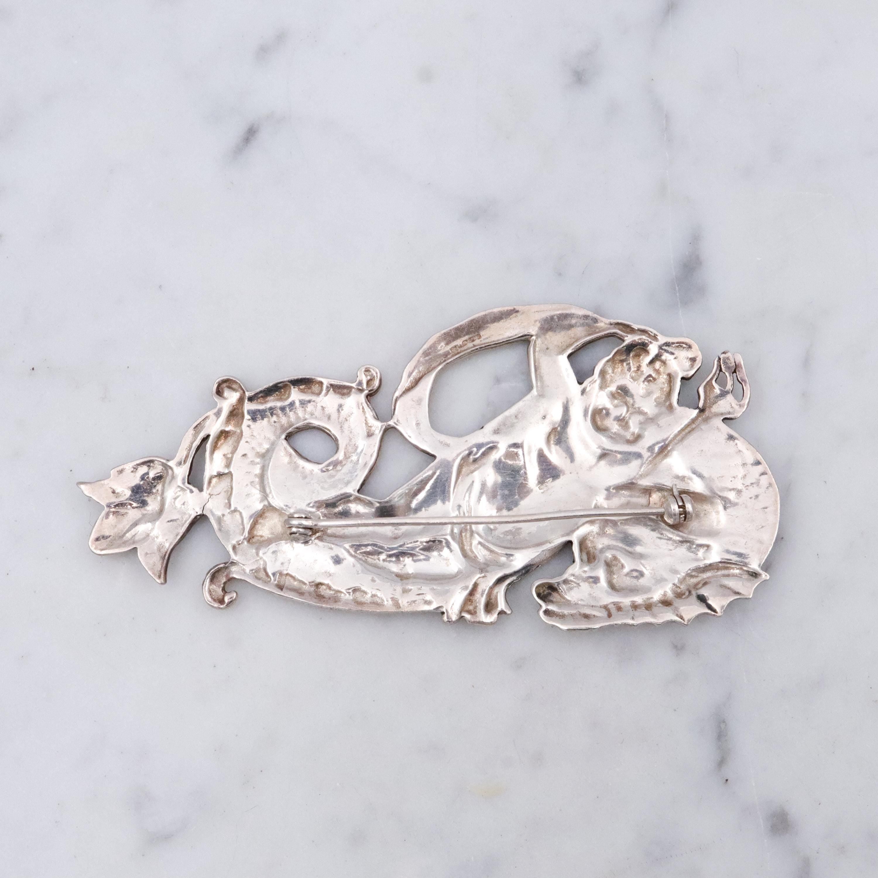 Retro Neptune & sea dragon large sterling brooch
