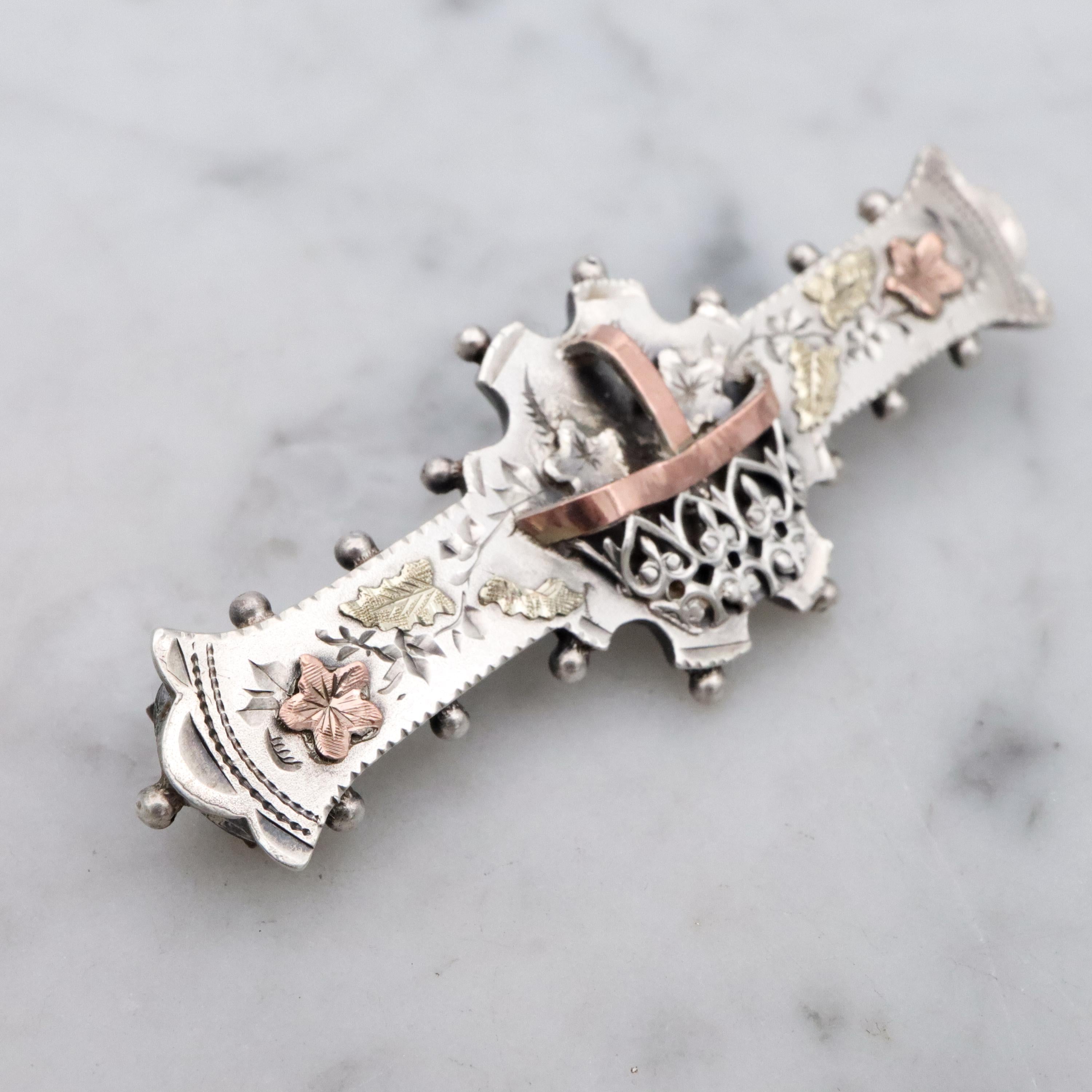 Victorian tri-color sterling Aesthetic Movement bar brooch with dimensional flower basket