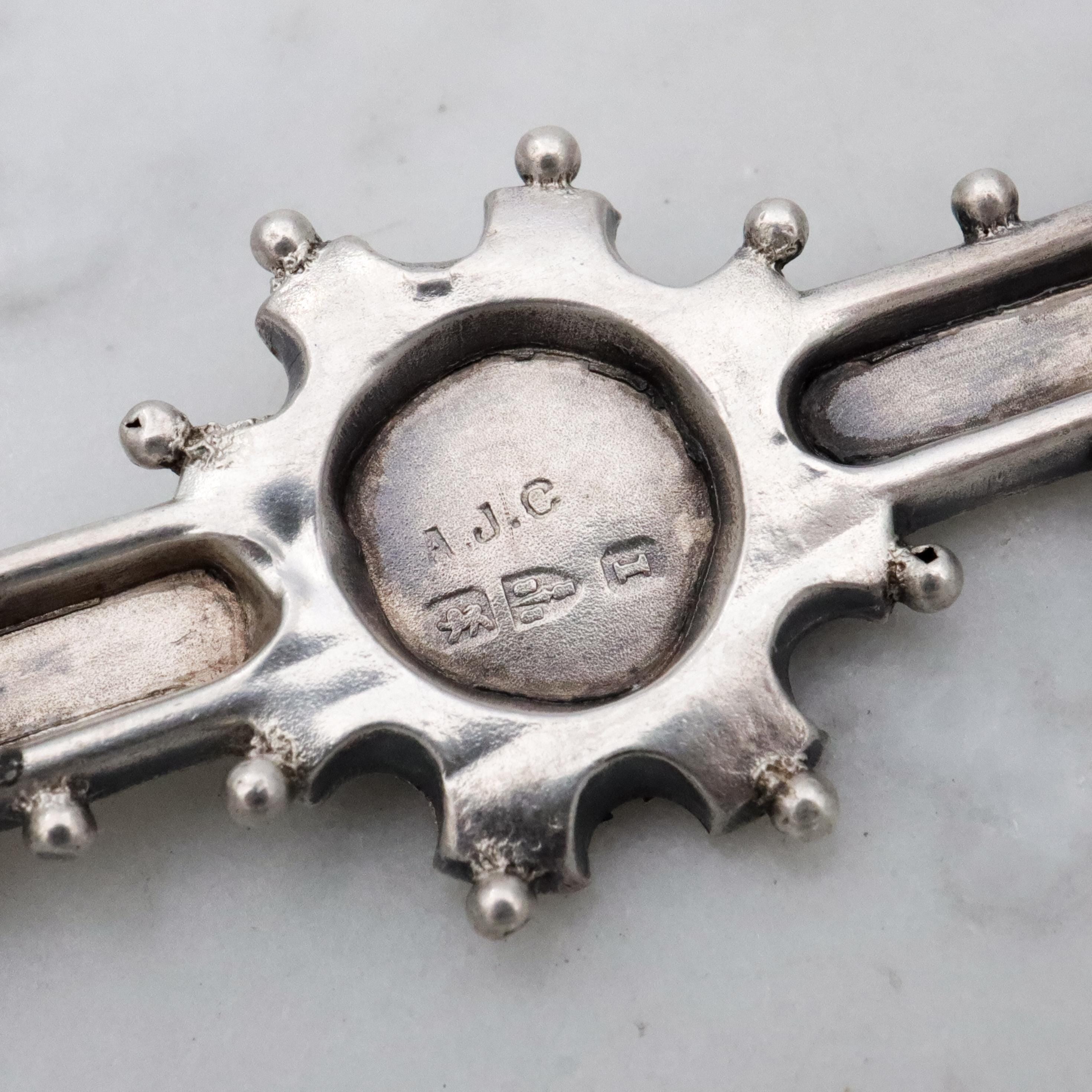 Victorian tri-color sterling Aesthetic Movement bar brooch with dimensional flower basket