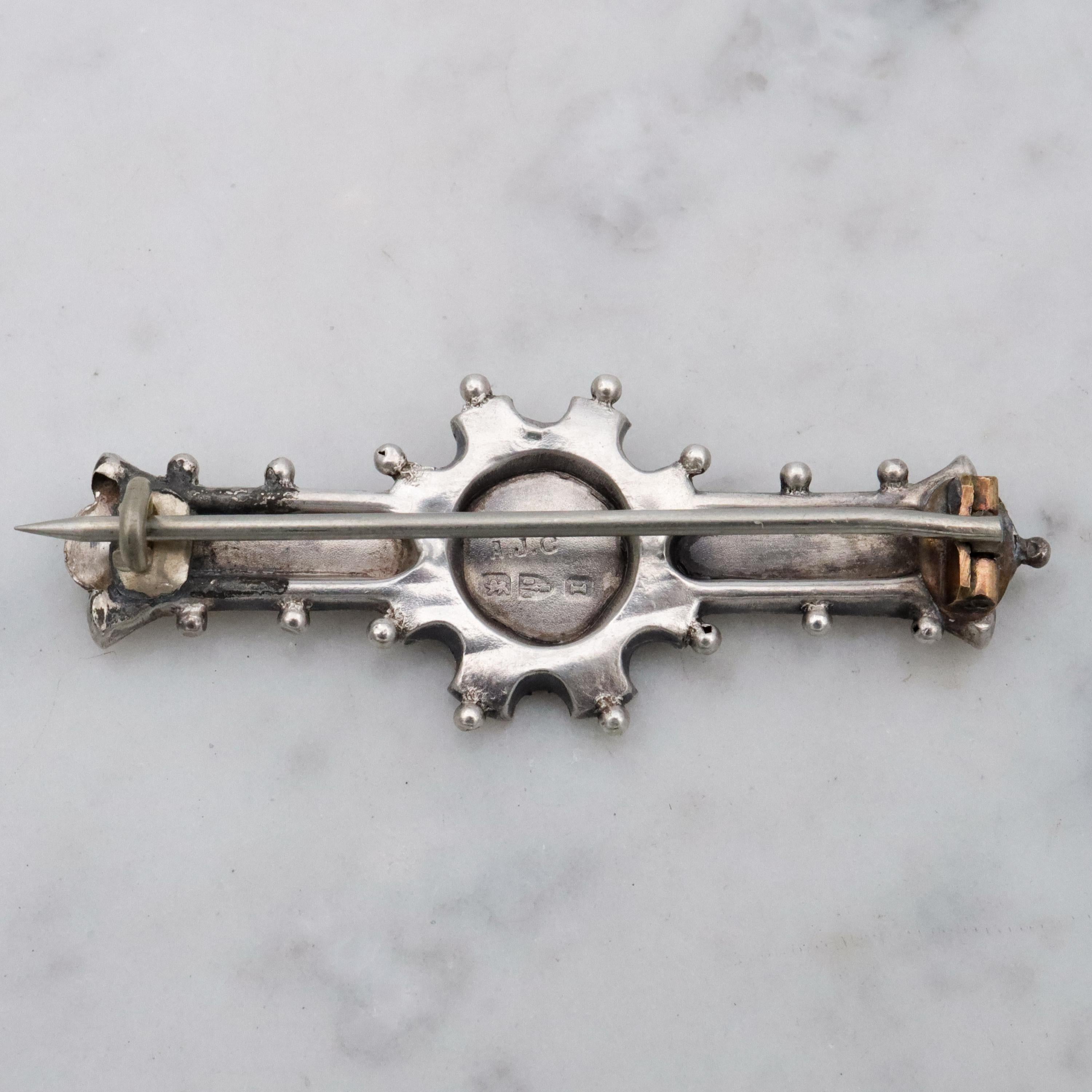 Victorian tri-color sterling Aesthetic Movement bar brooch with dimensional flower basket