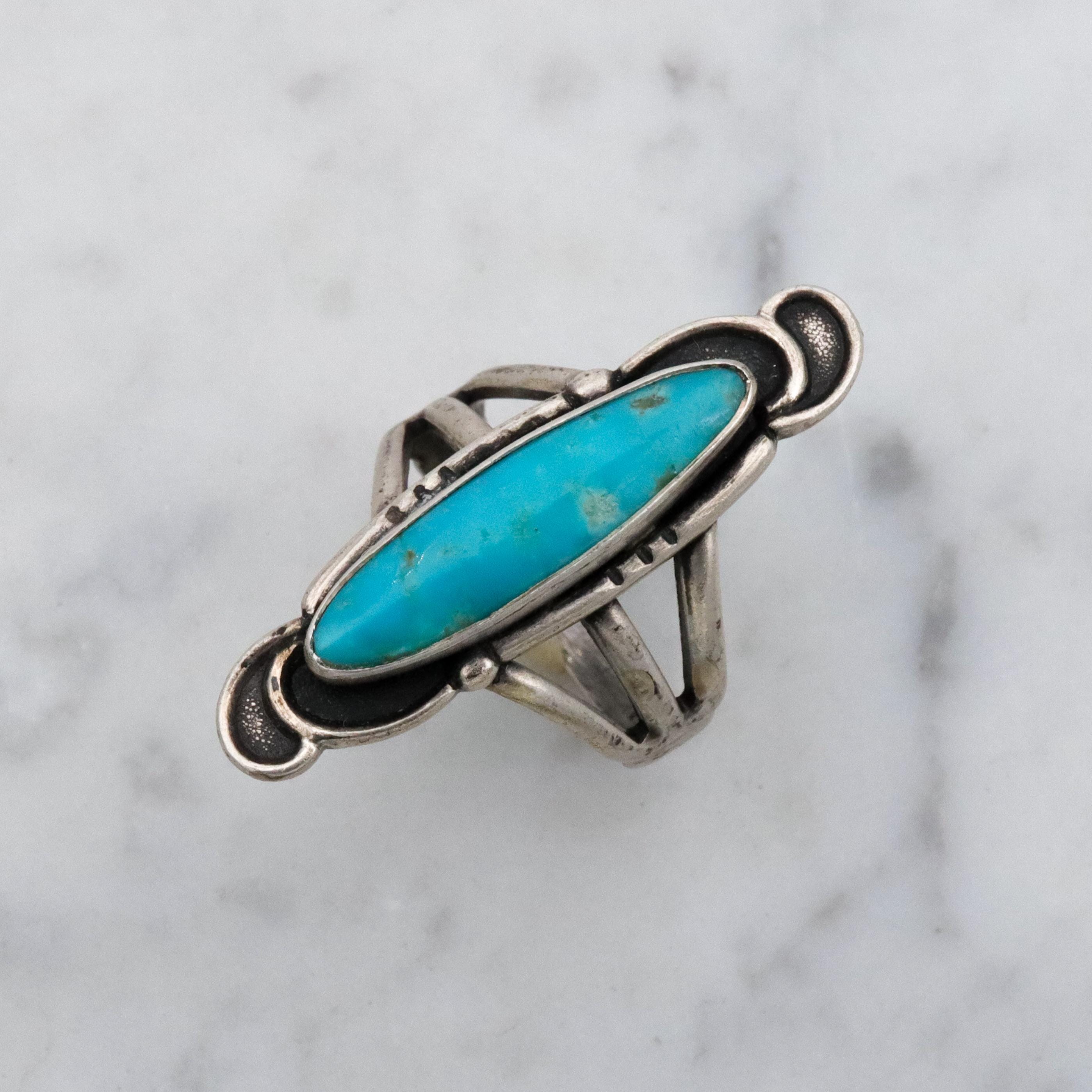 Vintage Navajo turquoise sterling navette ring, size 5