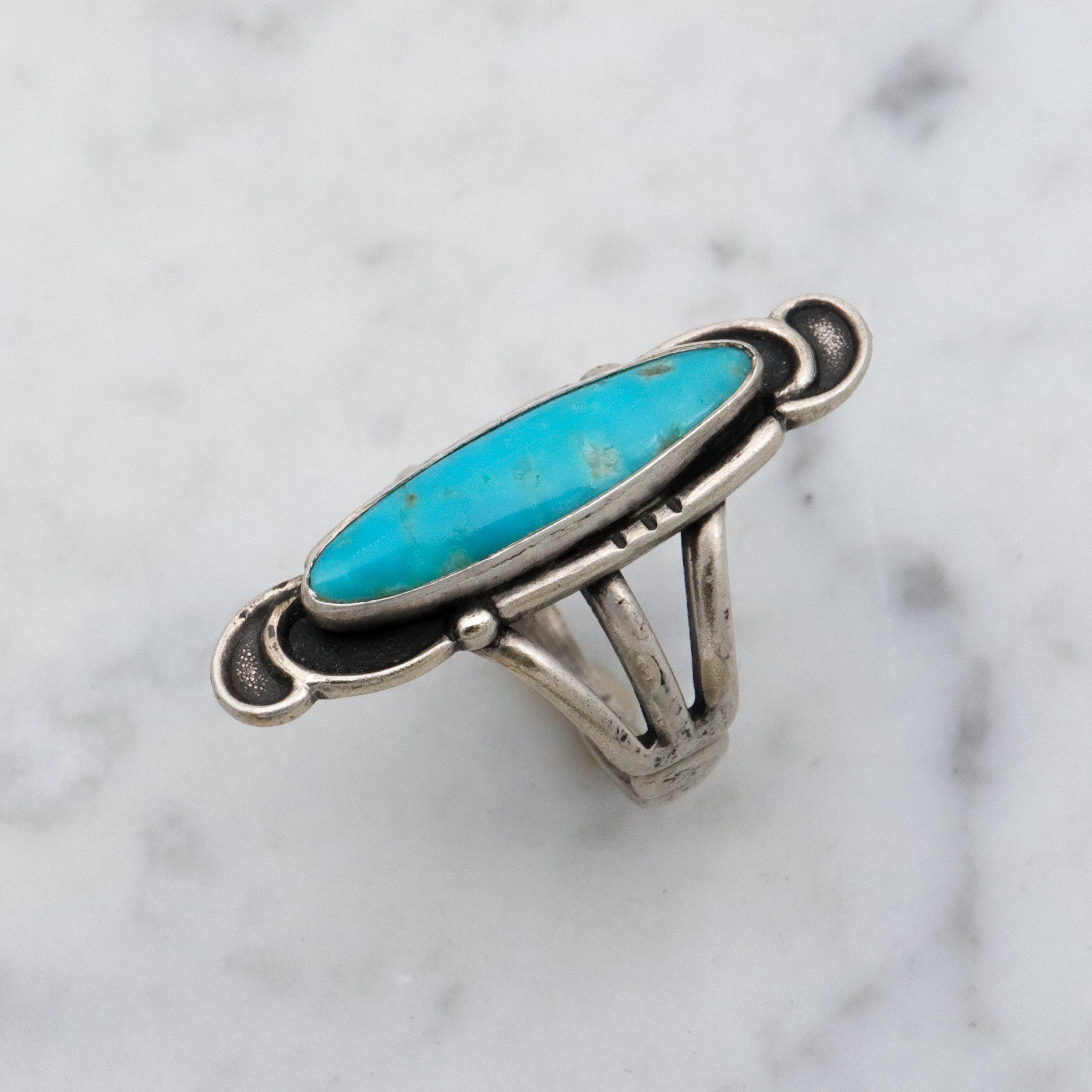 Vintage Navajo turquoise sterling navette ring, size 5