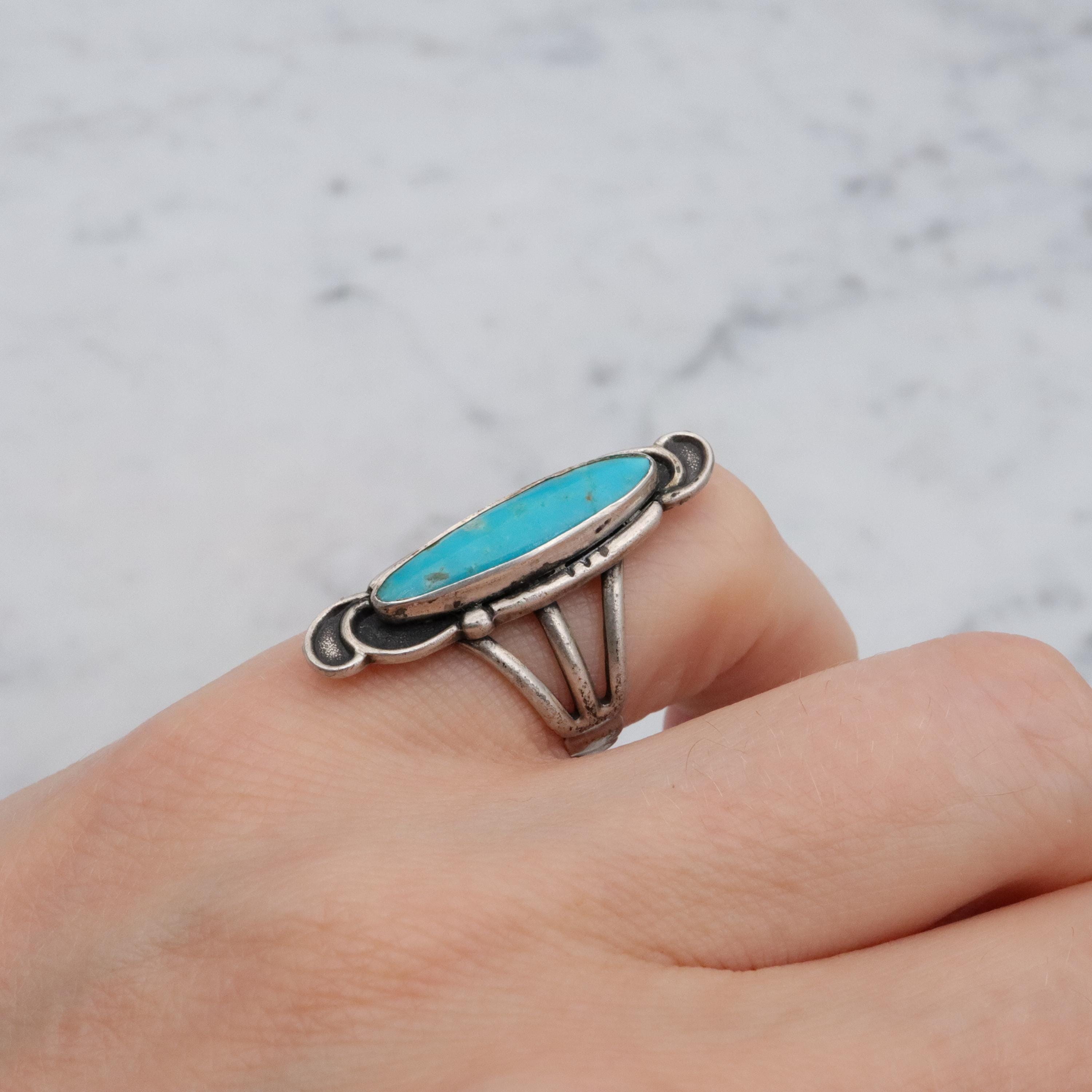 Vintage Navajo turquoise sterling navette ring, size 5