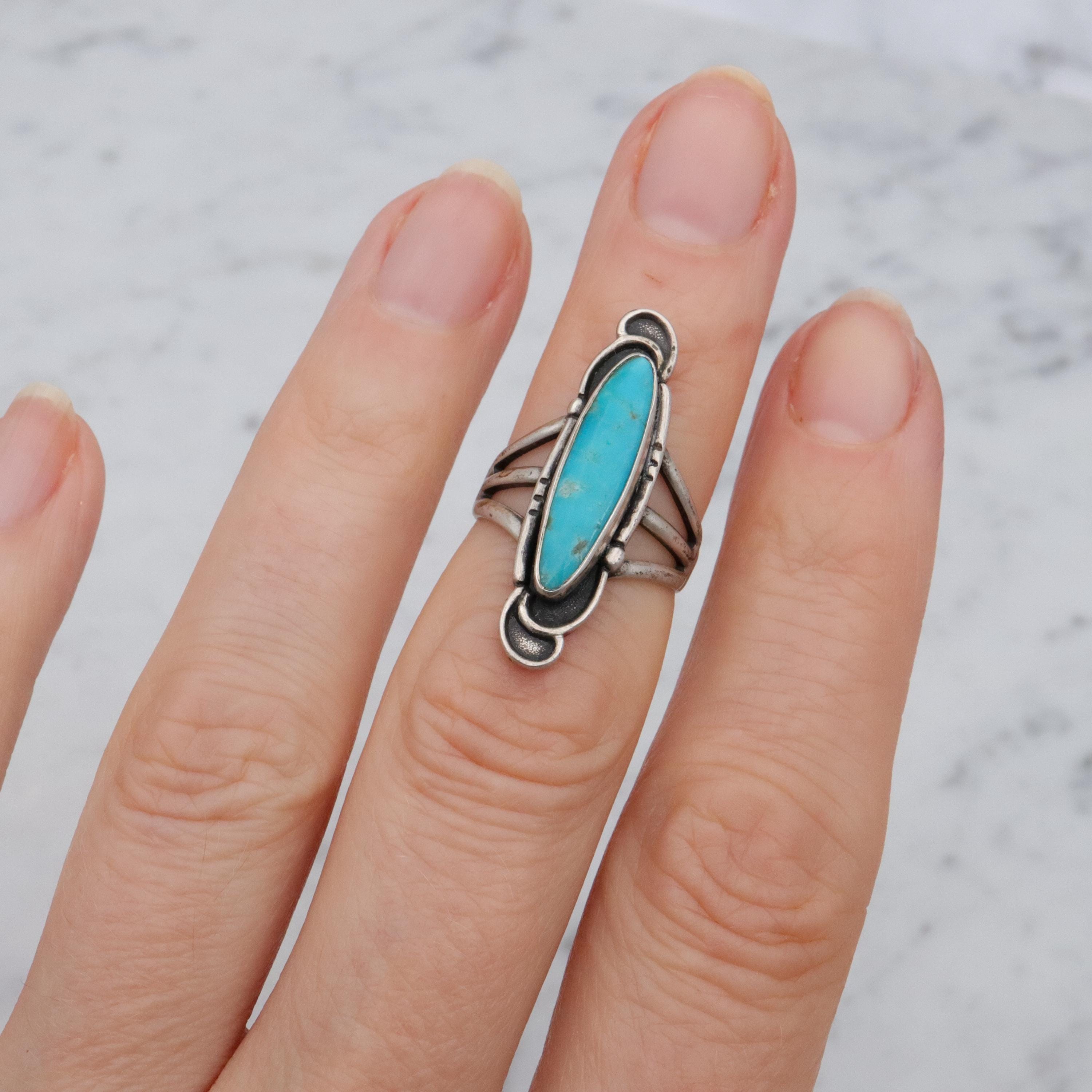 Vintage Navajo turquoise sterling navette ring, size 5