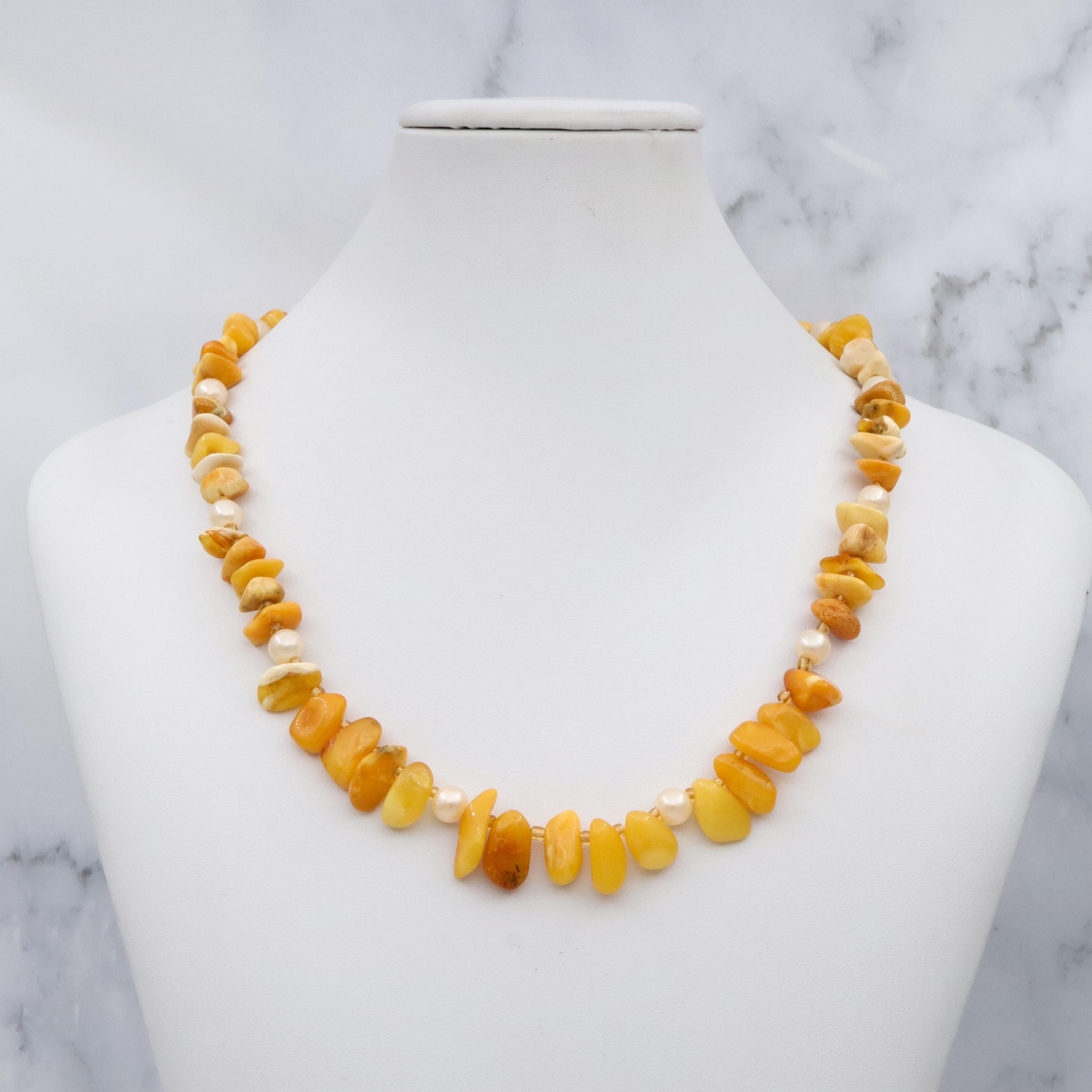Vintage Baltic amber nugget & faux pearl beaded necklace