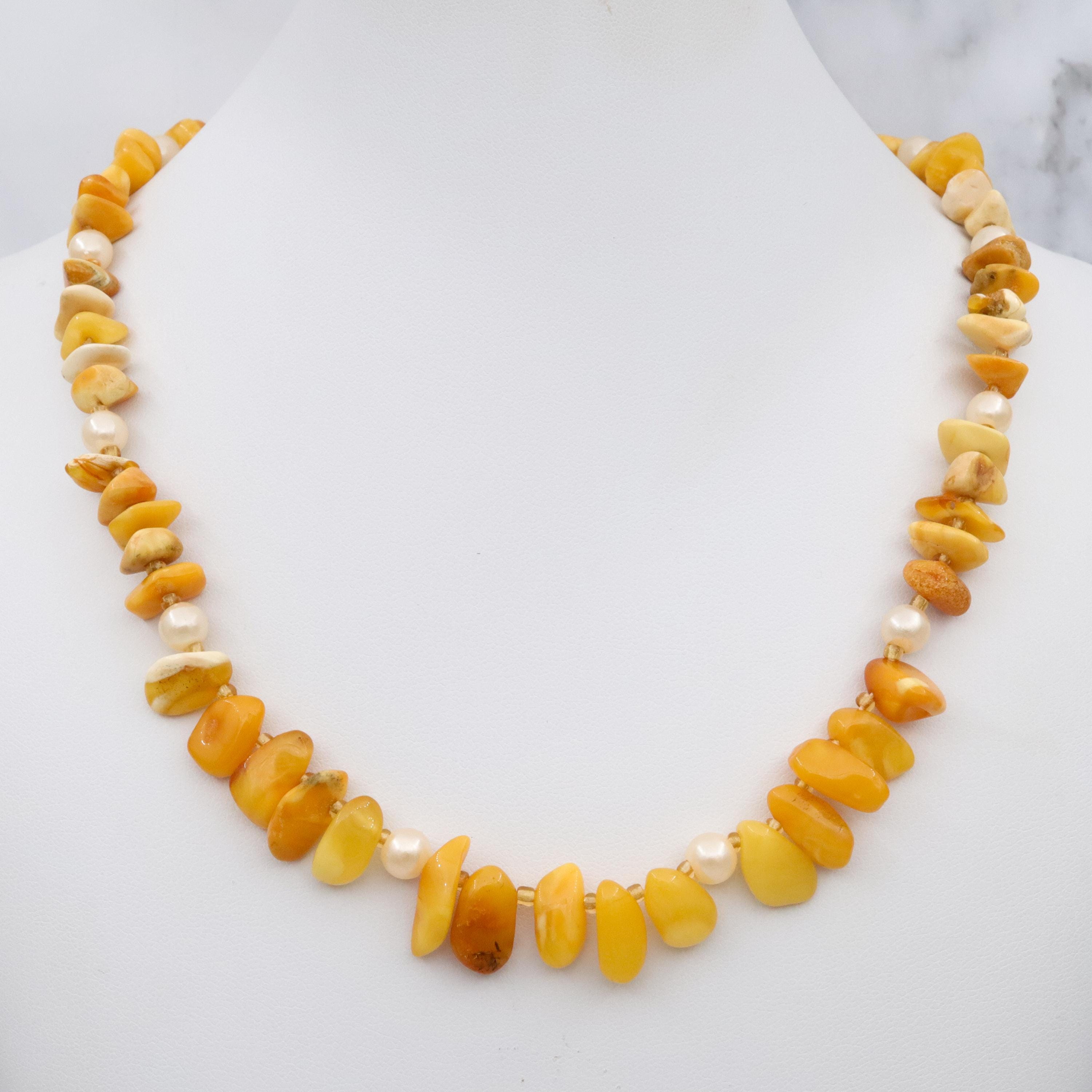 Vintage Baltic amber nugget & faux pearl beaded necklace