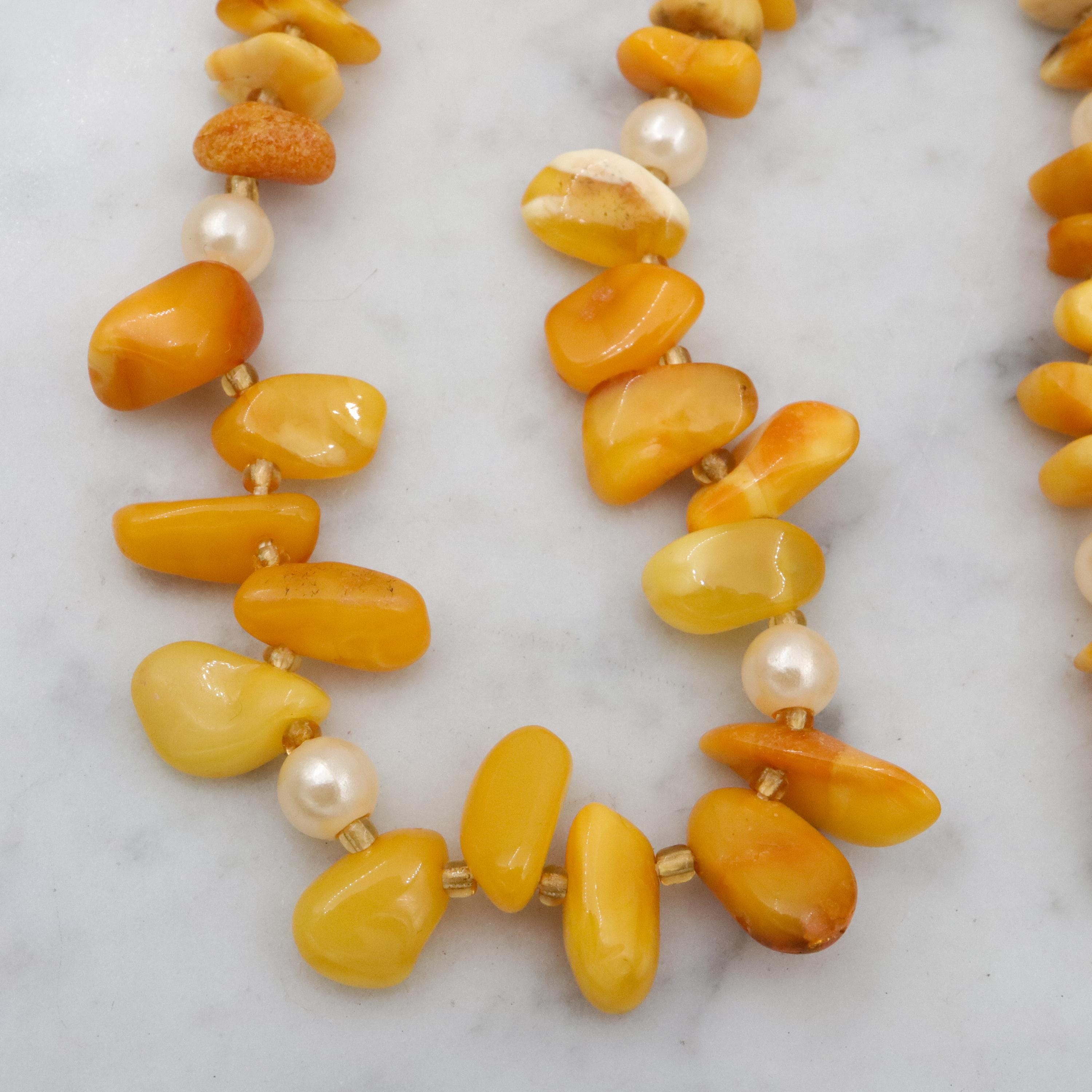 Vintage Baltic amber nugget & faux pearl beaded necklace