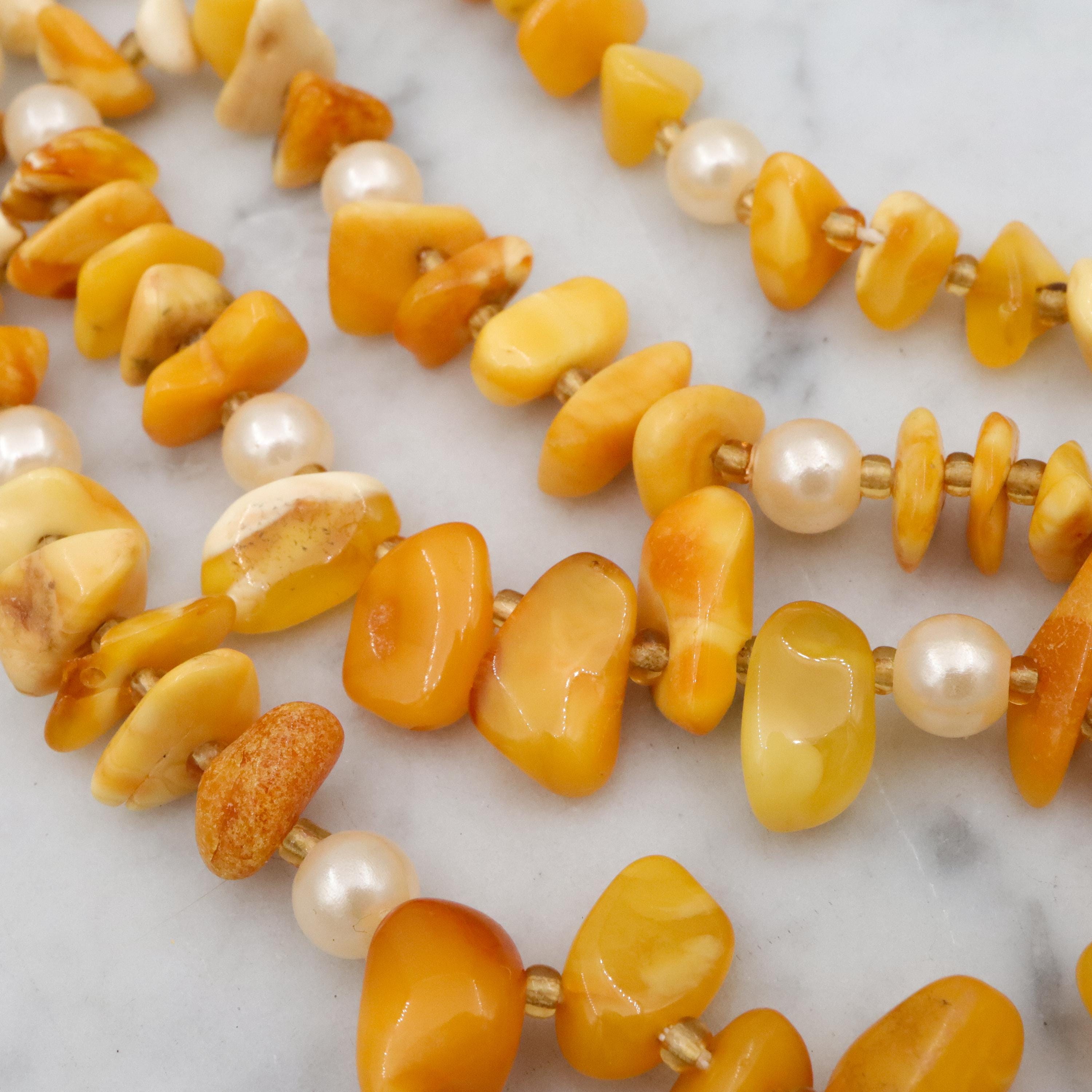 Vintage Baltic amber nugget & faux pearl beaded necklace
