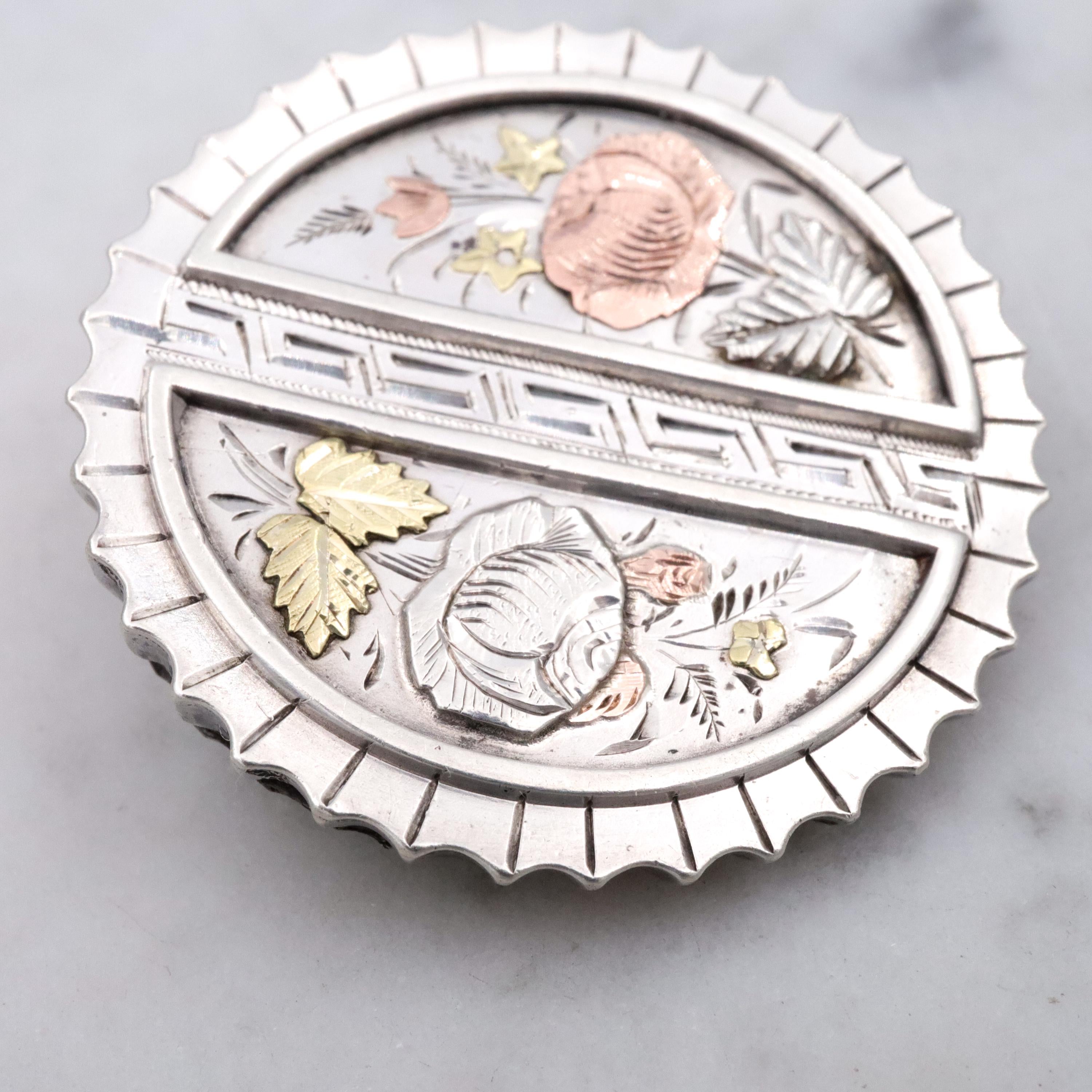Antique Aesthetic Movement mixed metals sterling floral brooch
