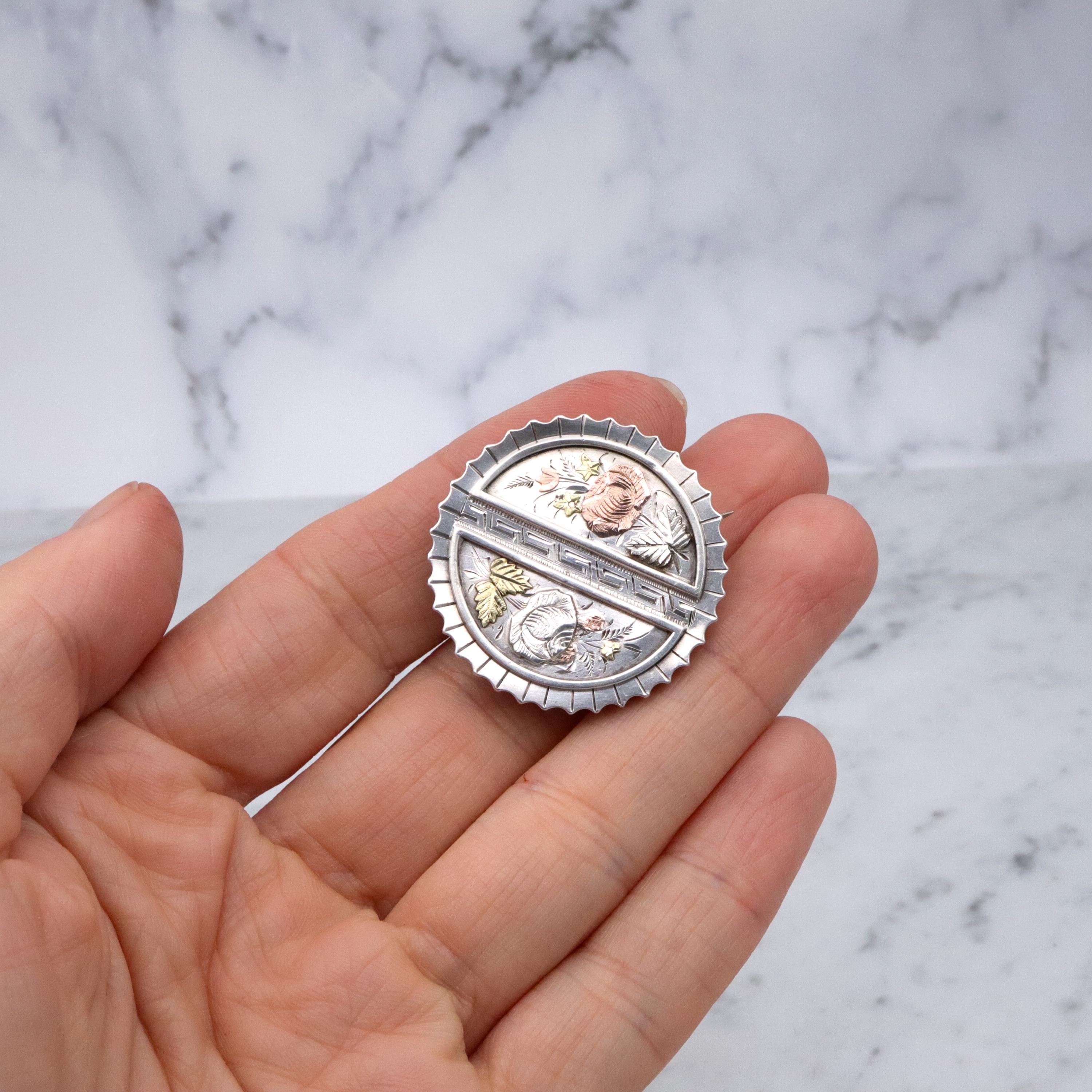 Antique Aesthetic Movement mixed metals sterling floral brooch