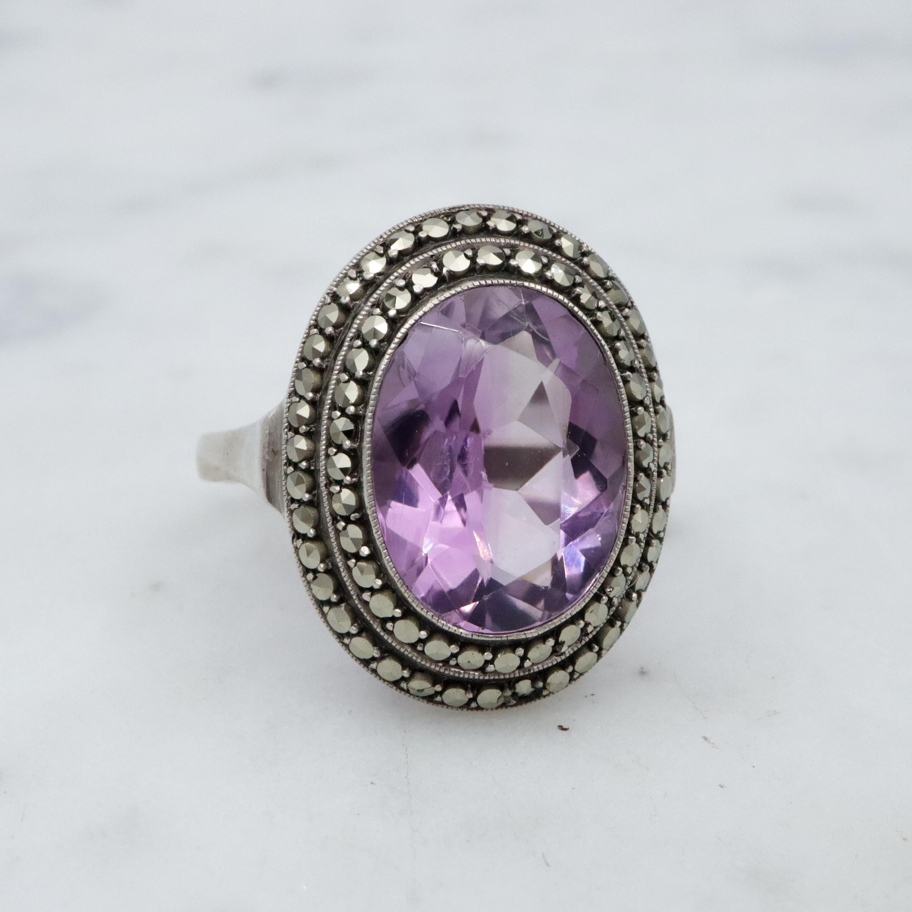 Art Deco German silver amethyst & marcasite halo ring, size 6